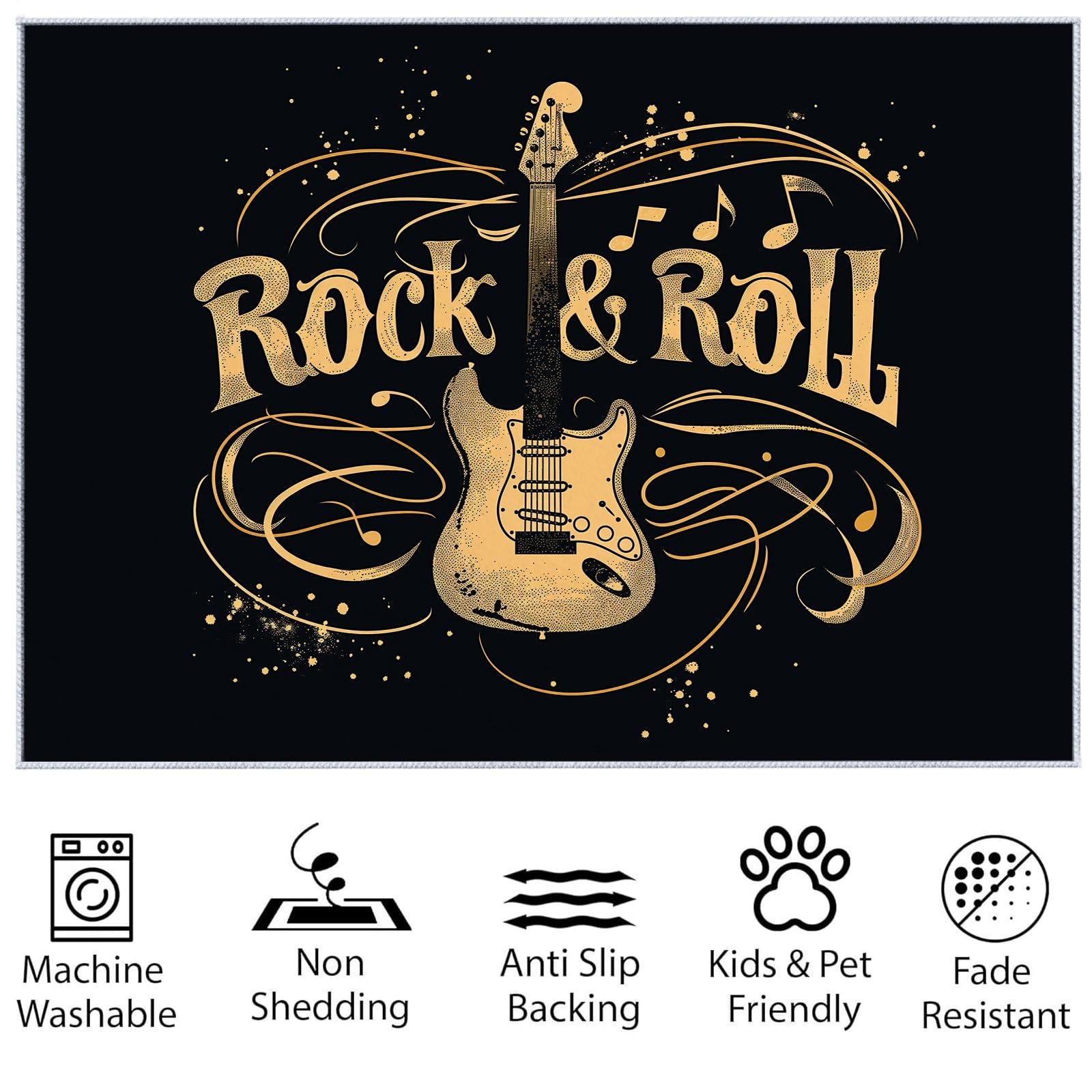 Générique Tapis de Salon Style Rock Guitare Notes De Musique Noir 160x230 cm Salle à Manger Adulte Bureau Design Moderne Poil Court Doux Léger Résistant, pour Salon, Chambre à Coucher, Couloir