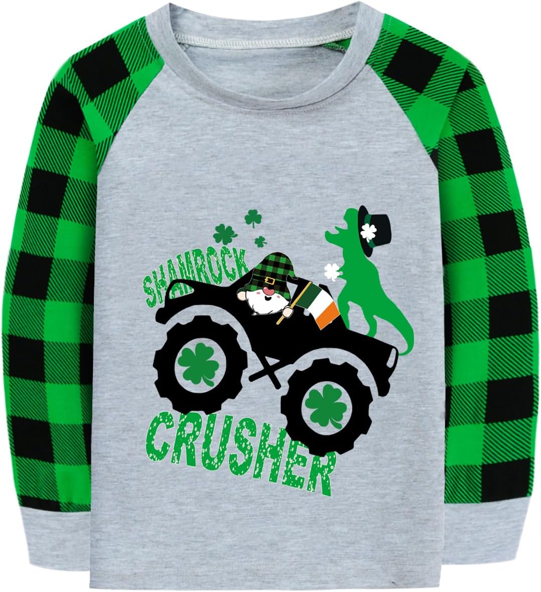 CM-Kid Toddler Boys Girls St Patricks Day Shirts Clover Dino Tractor Irish Green Plaid Sleeve Tshirt for Kids Tops 2-7 Years
