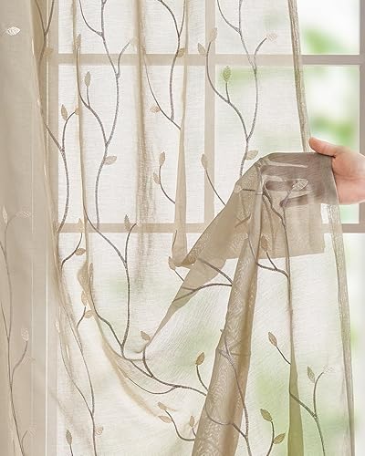 Miniatura 9 de jinchan Cortinas traslúcidas para dormitorio de 63 pulgadas de largo, semitraslúcidas bordadas con hojas para sala de estar, bordado botánico, gasa