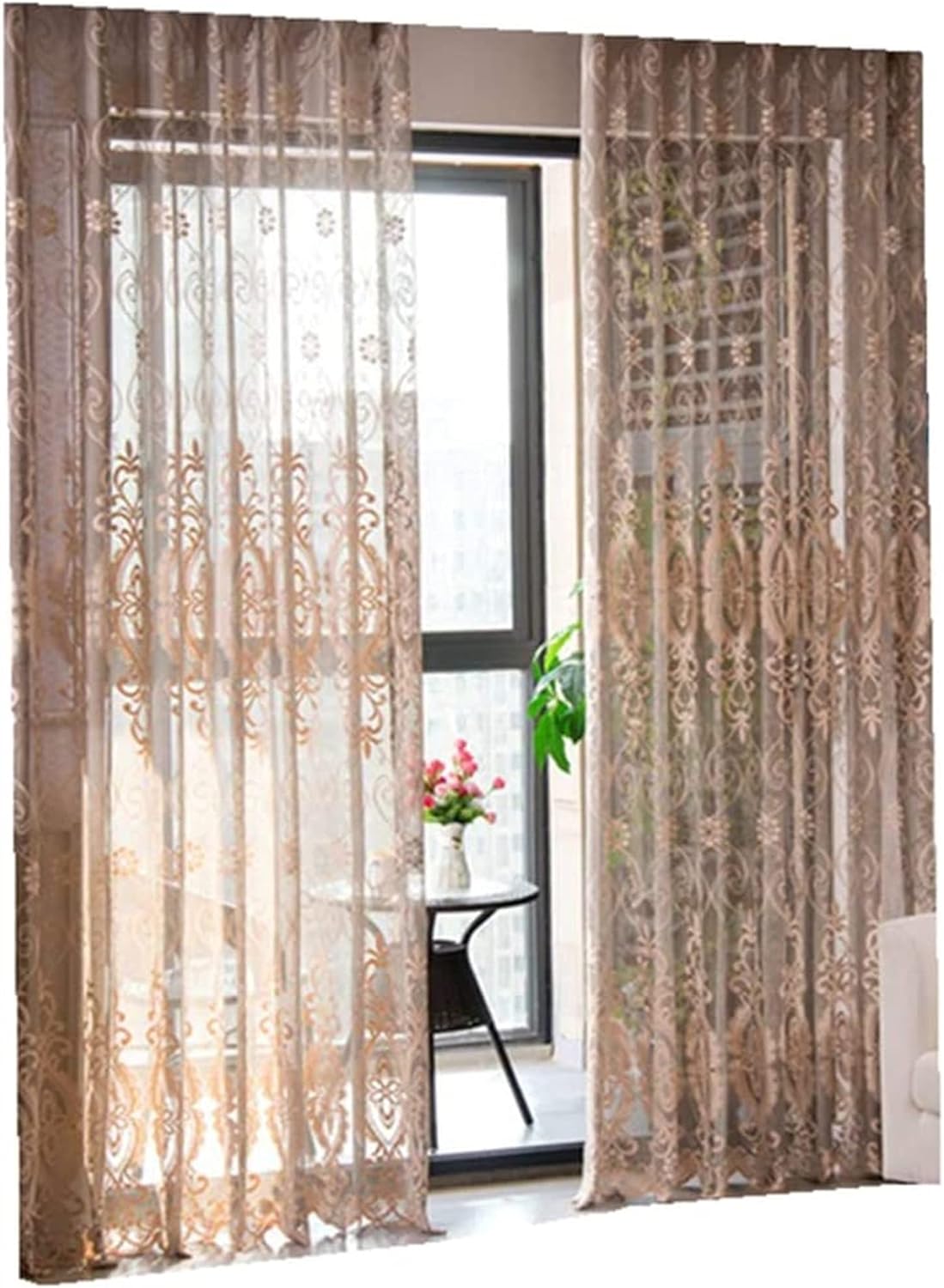 Jacquard Semi Blackout Curtains, Voile Quiet Punched Curtain Living Room Bedroom European Style Floral Window Panels 1 Pc (Color : Coffee Color, Size : W300*H275cm)