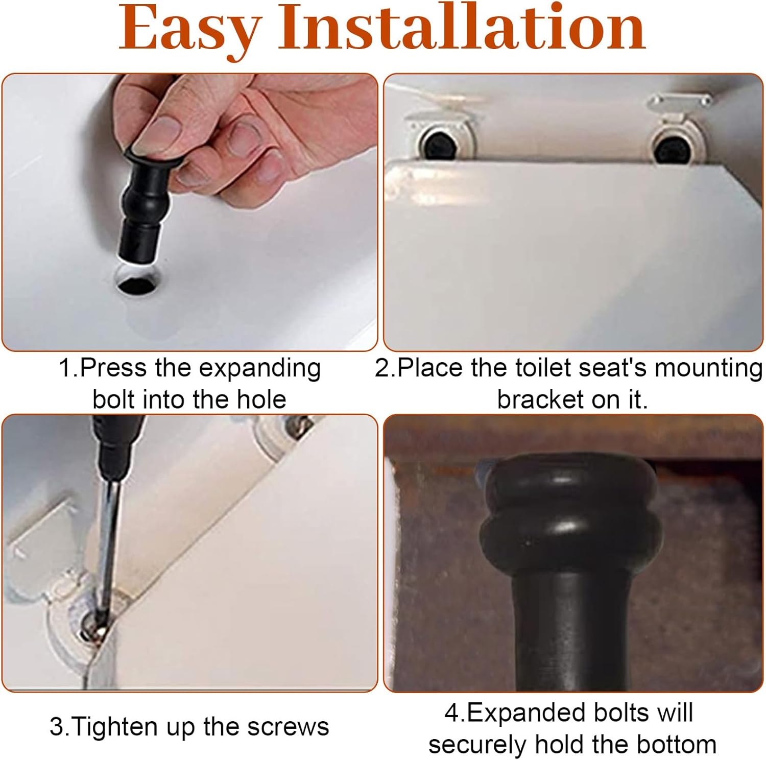 Quick Install Toilet Seat Bolts and Nuts Kit - 8PCS Stainless Steel Hardware with Expanding Rubber Sleeves & Anti-Leak Caps - Universal Fit for Most Top-Mount Toilet Seats, No Wobble