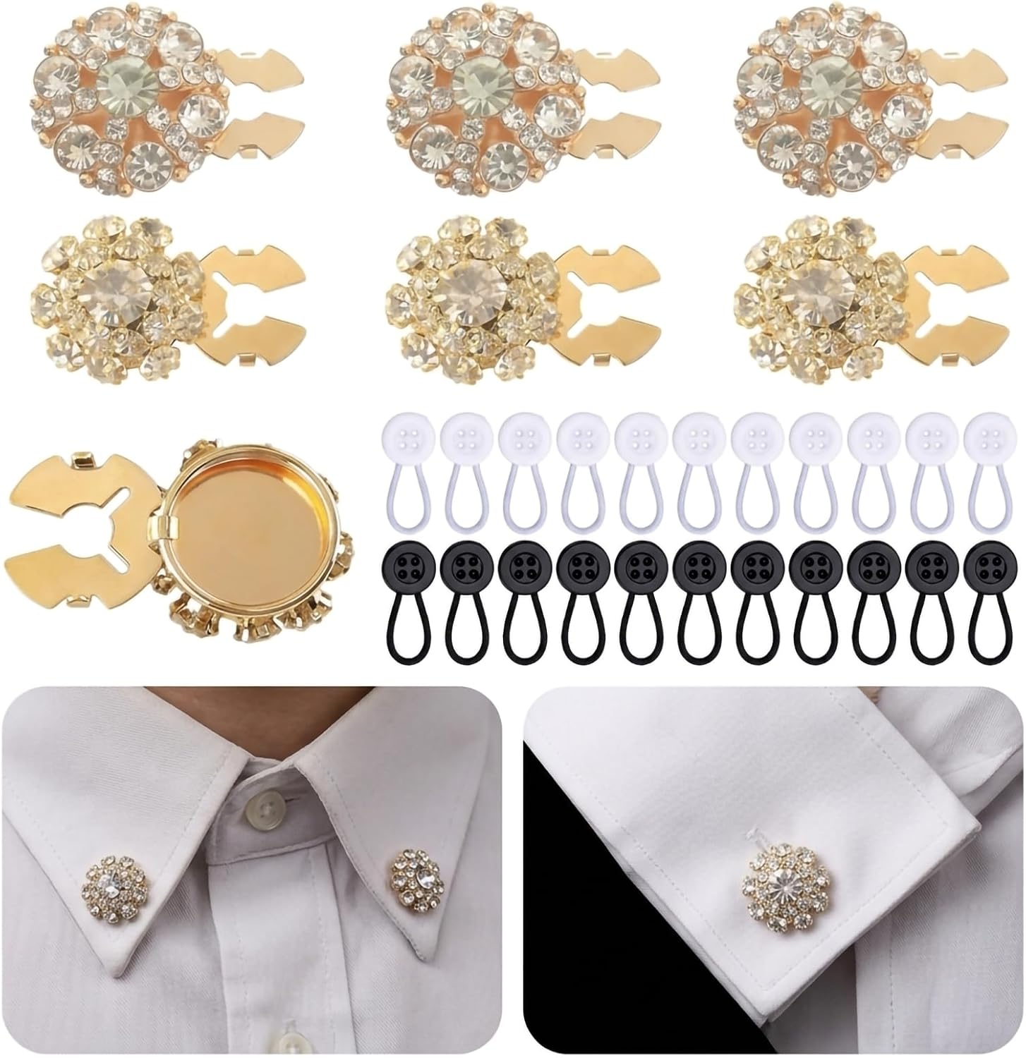6 Pcs Pearl Rhinestone Button Covers with 20Pcs Shirt Collar Extenders, Rhinestone Crystal Detachable Cover Clip-On, Decorative Jewelry Buttons for Blouses, Dresses& Suits