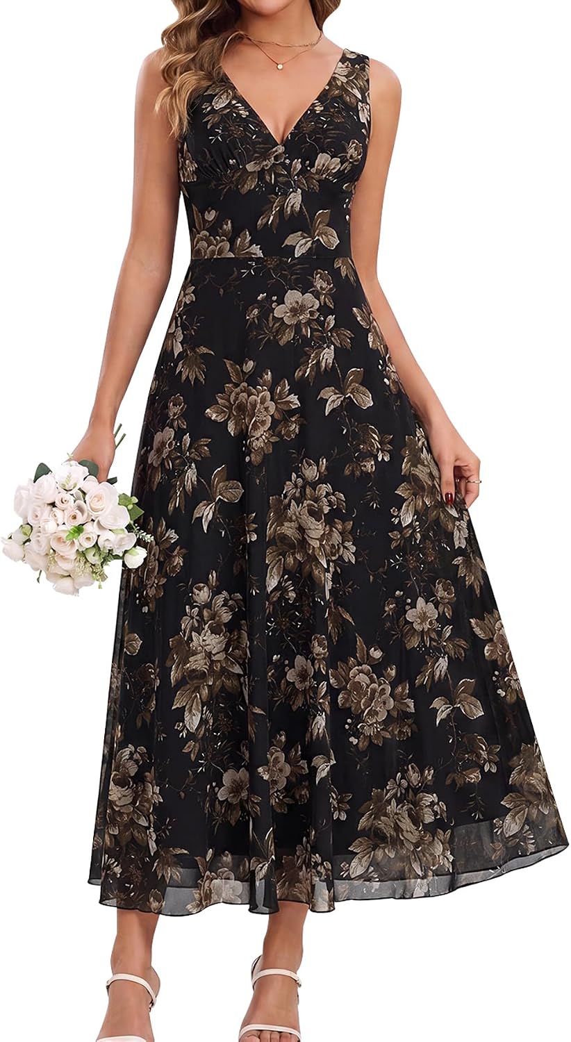 EYNMIN Women's Flowy V Neck Maxi Long Formal Wedding Guest Cocktail Dresses