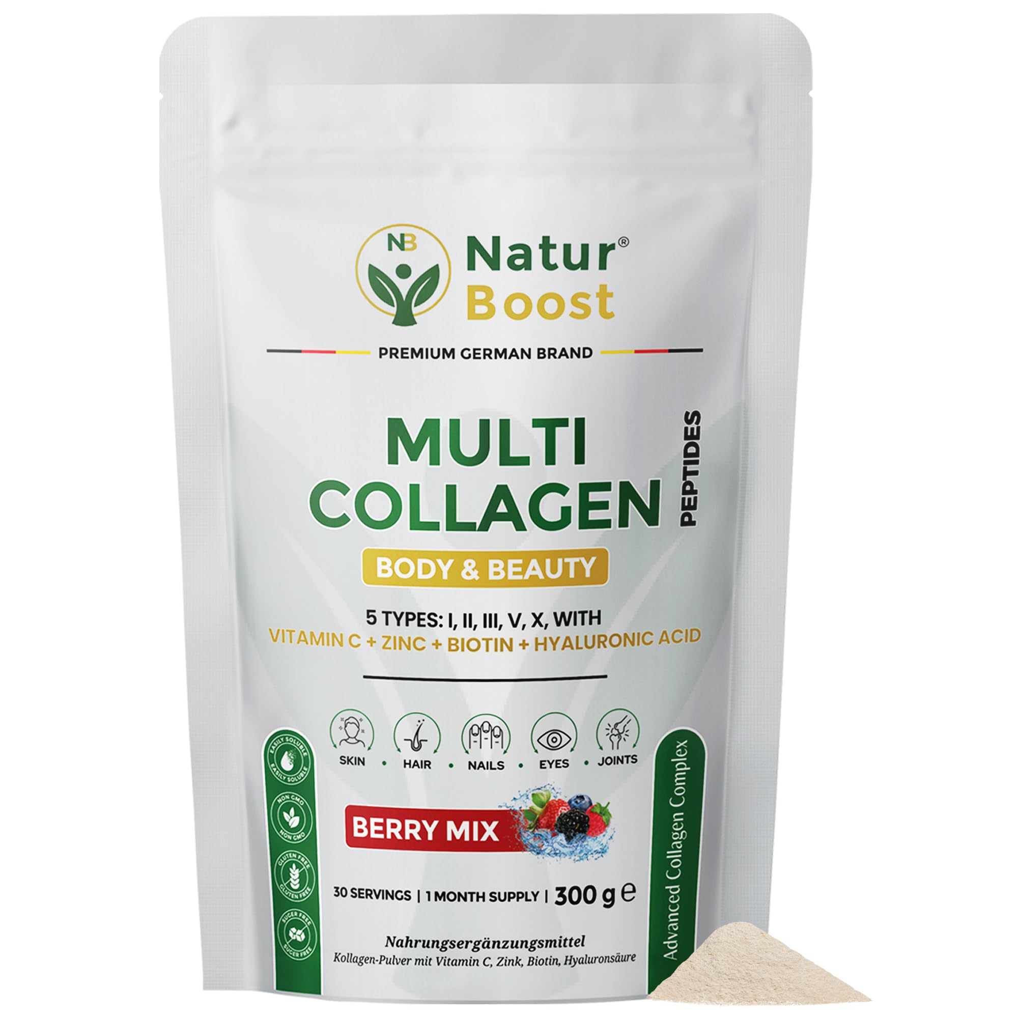 Multi Kollagen Pulver 300g Wildberry – 5 Typen (I, II, III, V, X) – hochdosiert & bioverfügbar – Kollagen Hydrolysat mit Vitamin C, Biotin, Zink & Hyaluron – für Haut, Haare, Nägel & Gelenke
