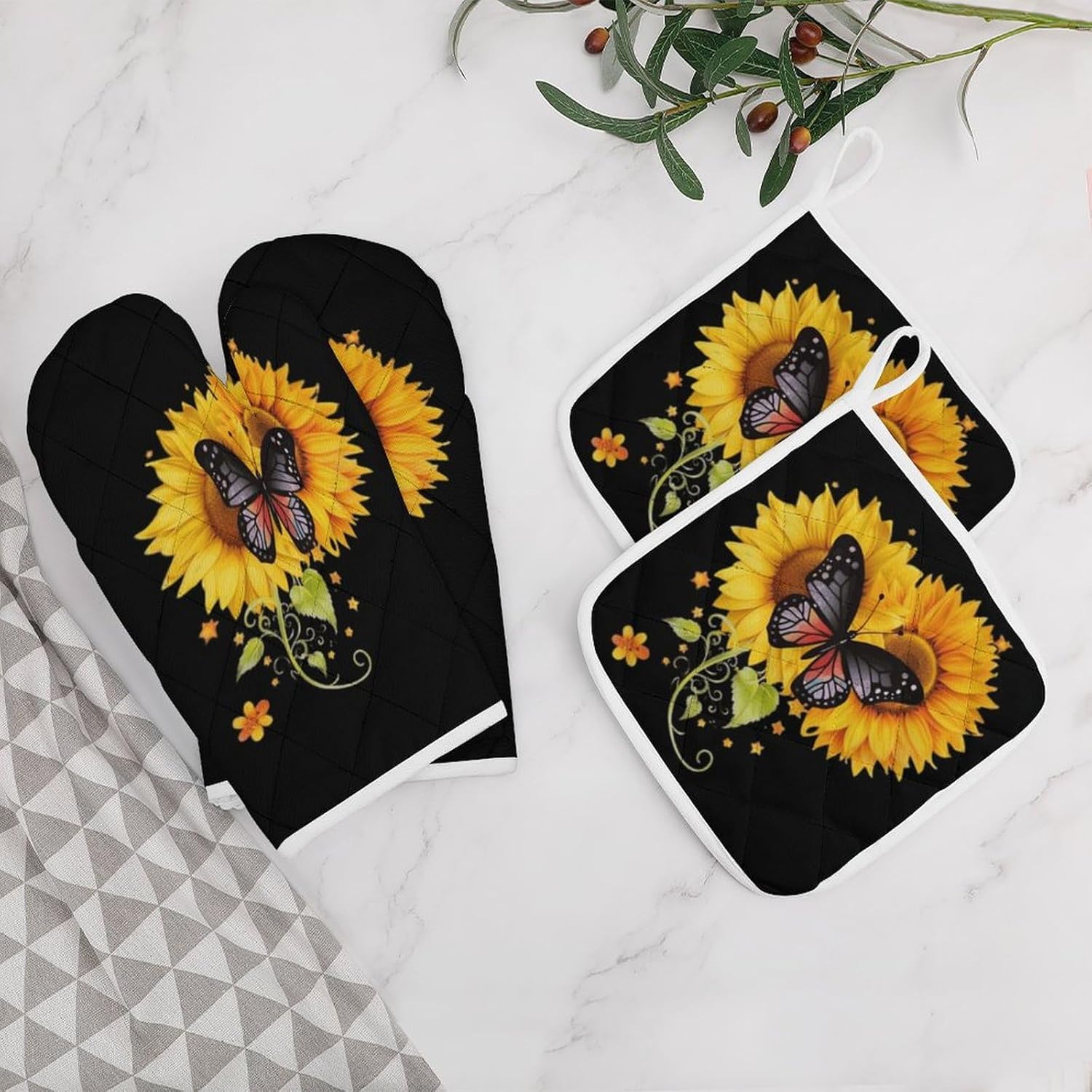Sunflower Butterfly 4 Pcs Oven Mitts and Pot Holders Set High Heat Resistant Long Kitchen Oven Glove Potholders