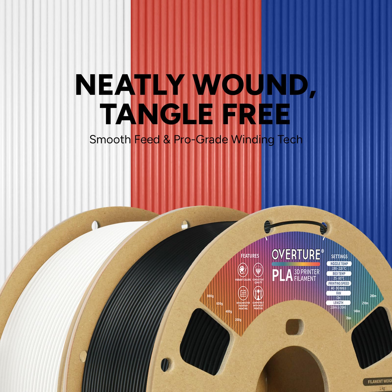 OVERTURE Filamento PLA 1.75mm, 2kg Bobina(4.4lbs), Precisione Dimensionale +/- 0.02 mm, per Stampante 3D (Nero 1kg+Bianco 1kg)