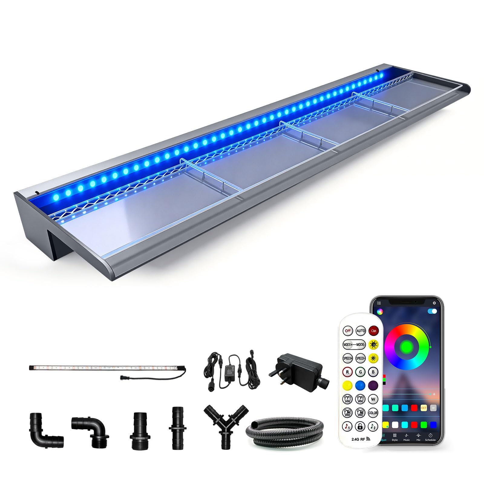 LONGRUN 90cm Pond Waterfall Blade with Bluetooth RGB LED Light, Acrylic Complete Waterfall & Stream Kits