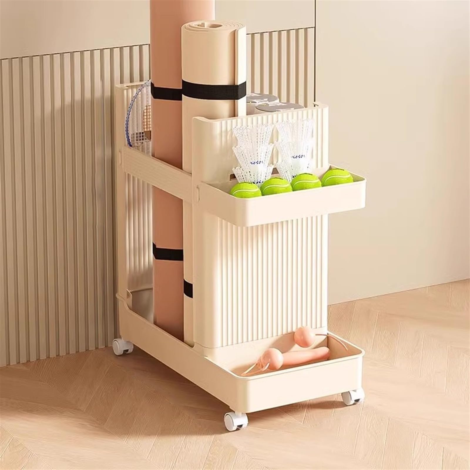 Portable Yoga Mat Storage Cart with Wheels for Home Gym Equipment Organization