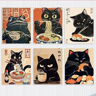 6 Stück Lustige Katze Frosch Leinwand Wandkunst Vintage Japanische Katze Ramen Sushi Gerahmte Kunst Gemälde Schlafzimmer Wohnzimmer