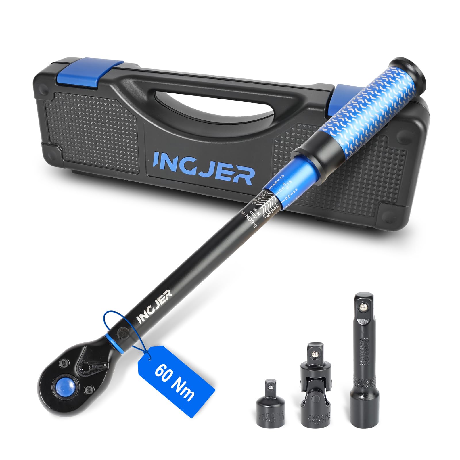 INGJER Upgrade 3/8 Zoll Drehmomentschlüssel 5-60 Nm für Fahrrad, Motorrad & Auto – 72 Zähne Ratschenkopf, 3-teiliges Set mit inkl.3/8" auf 1/4" Adapter, 3/8" Universalgelenk, 75mm Verlängeru