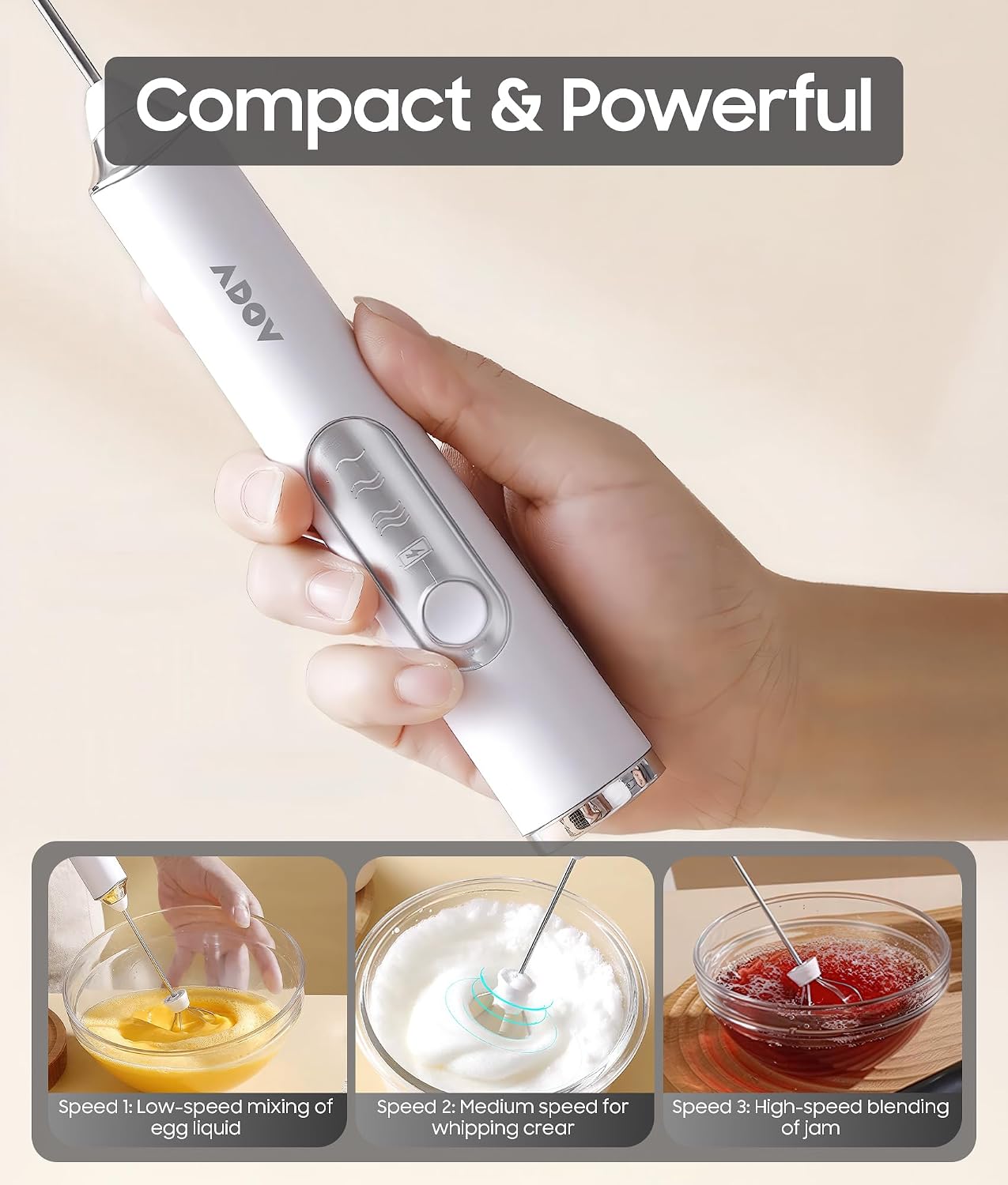 ADOV Milk Frother Handheld, Stainless Steel Electric Coffee Whisk and Egg Beater, Rechargeable Battery Powered Automatic Milk Foamer Drink Mixer for Latte, Cappuccino, Hot Chocolate, Matcha (White) image 3