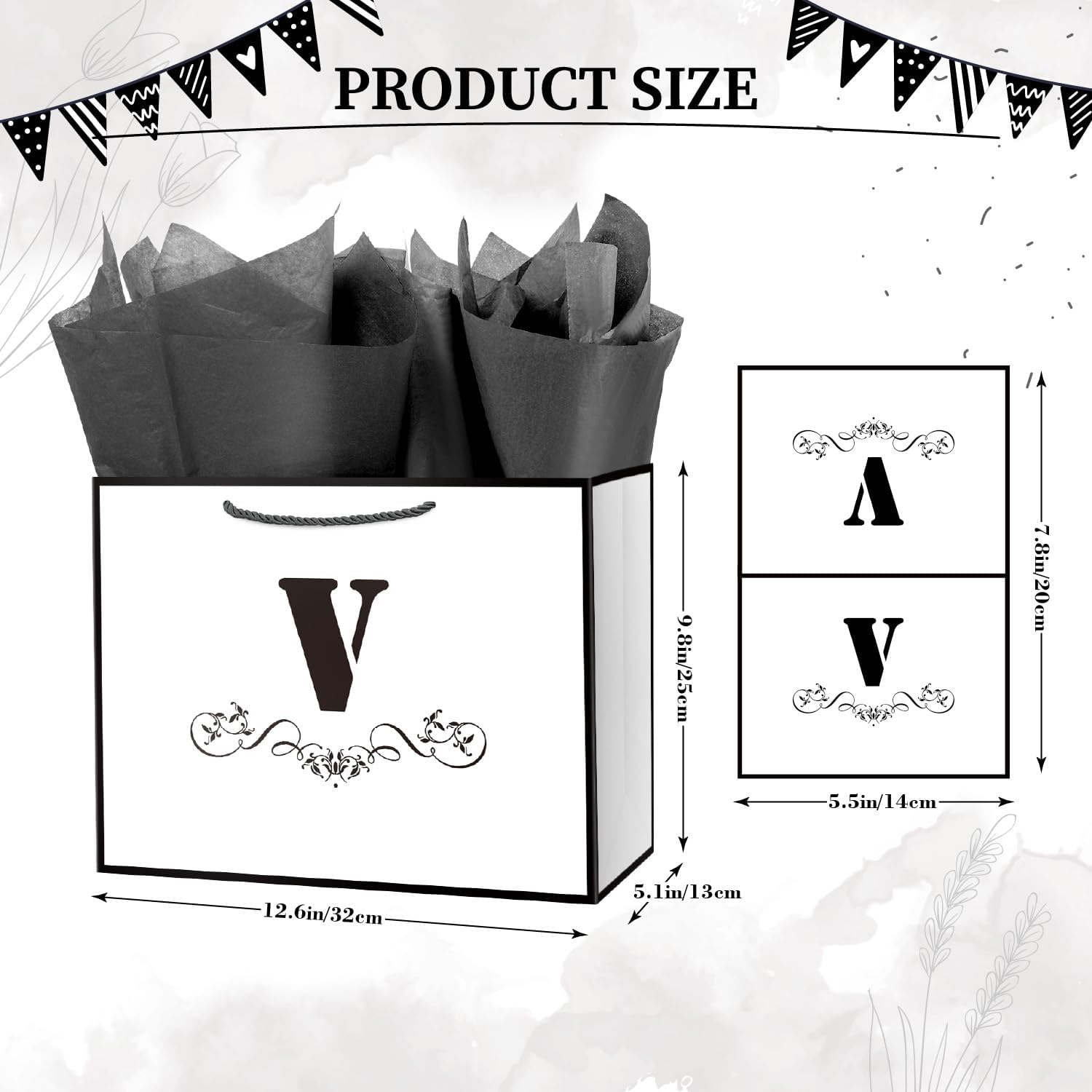 ysmile Letter Gift Bag with Tissue Paper for Men 12" Large White Black Bag for Birthday Personalized Monogrammed Anniversary - Single V image 2
