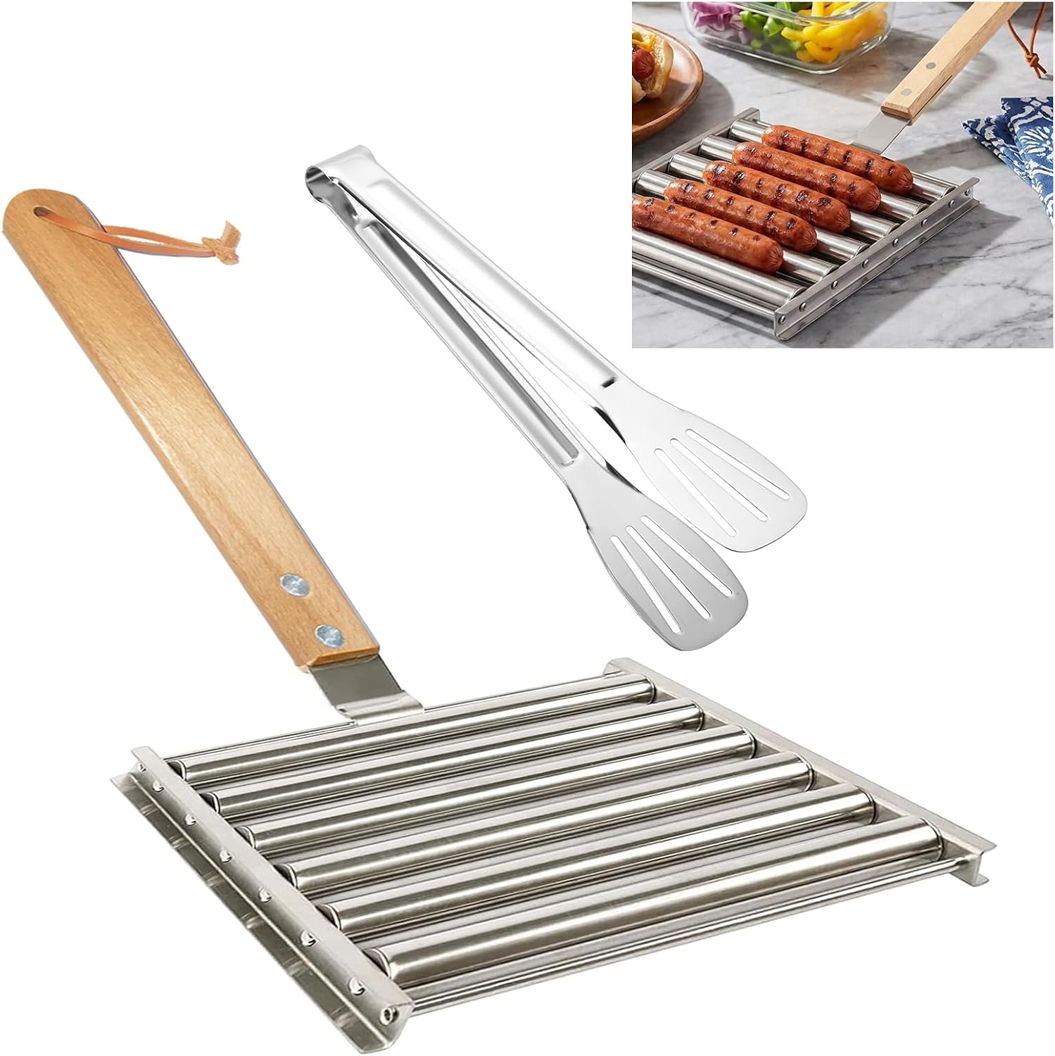 Stainless Steel Hot Dog Roller with Detachable Wooden Handle - BBQ Grill Accessory for Evenly Cooked Sausages, 5 Hot Dog Capacity, Includes Tongs (Large)