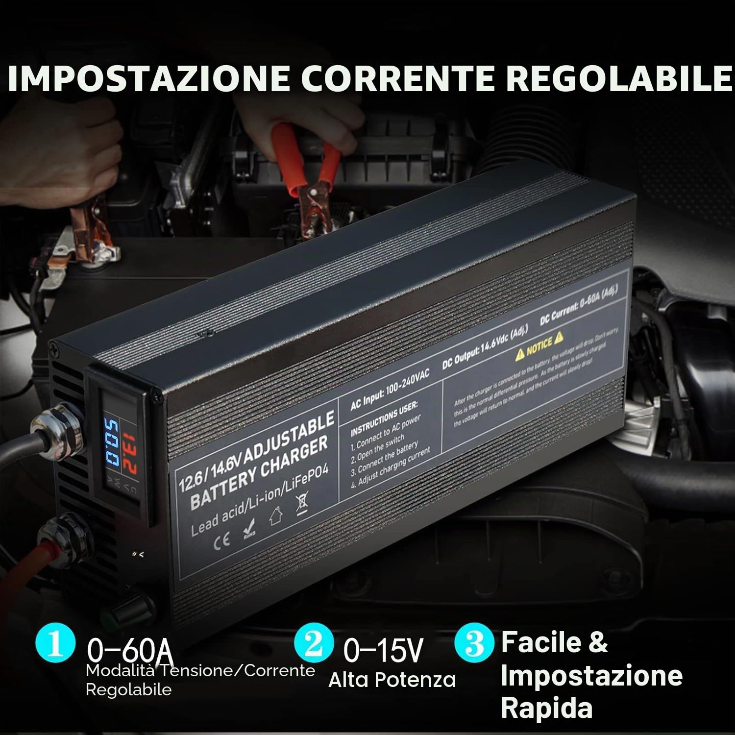 Caricabatterie LiFePO4 14,6V 60A con Regolazione di Precisione a Multigiro, Caricabatterie Litio 0-15V/0-60A Intelligente per Auto, Camion, Moto, Tosaerba, Barca