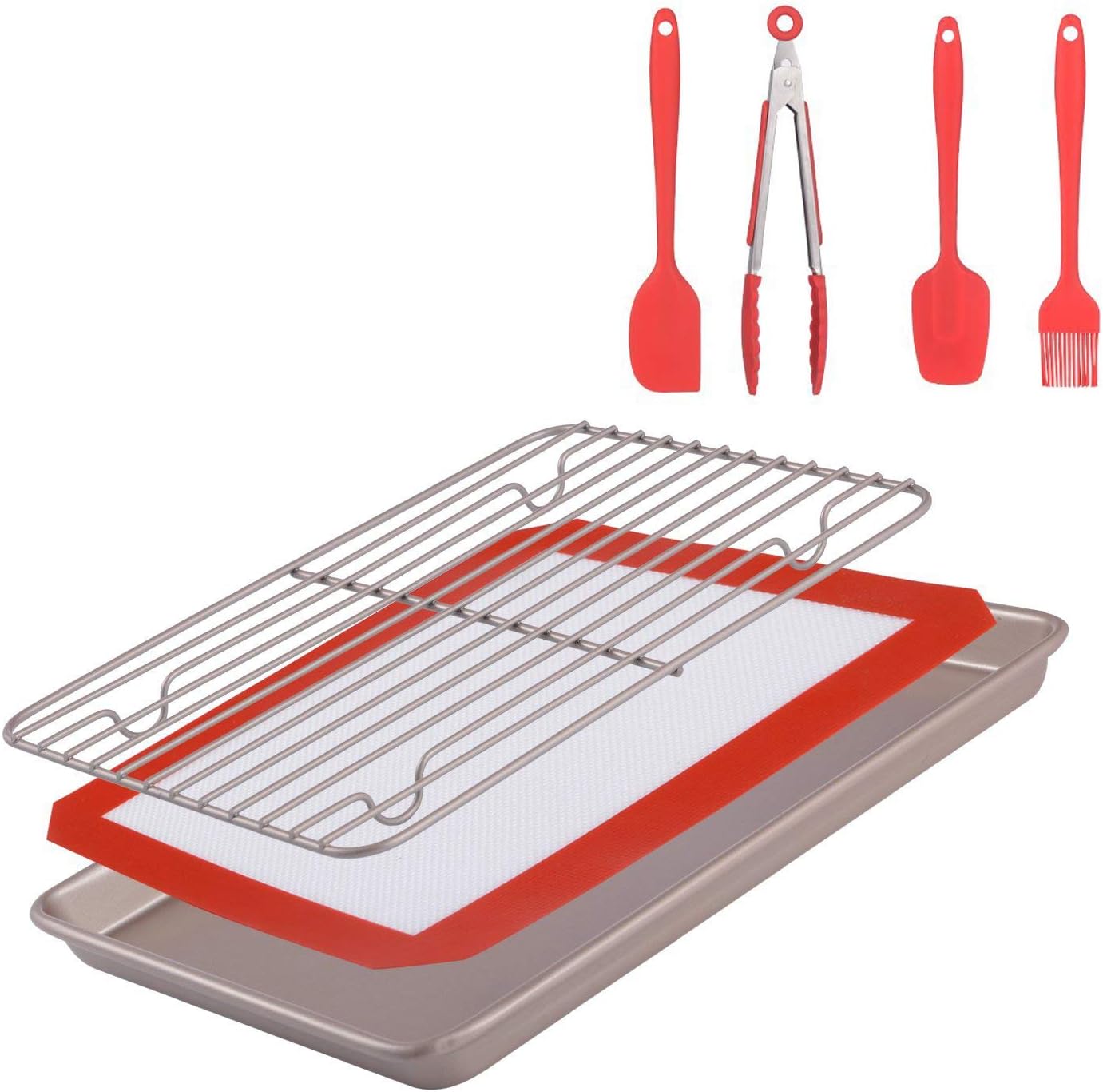 Merya Non-Stick Baking Pan &Silicone Baking Mat& Stainless Steel Cooling Rack &Silicone Basting Set(Oil Brush,Spatula,Spoon,Kitchen Tong) BBQ Grilling, Marinating,Baking .7 pcs/Set Baking Gift
