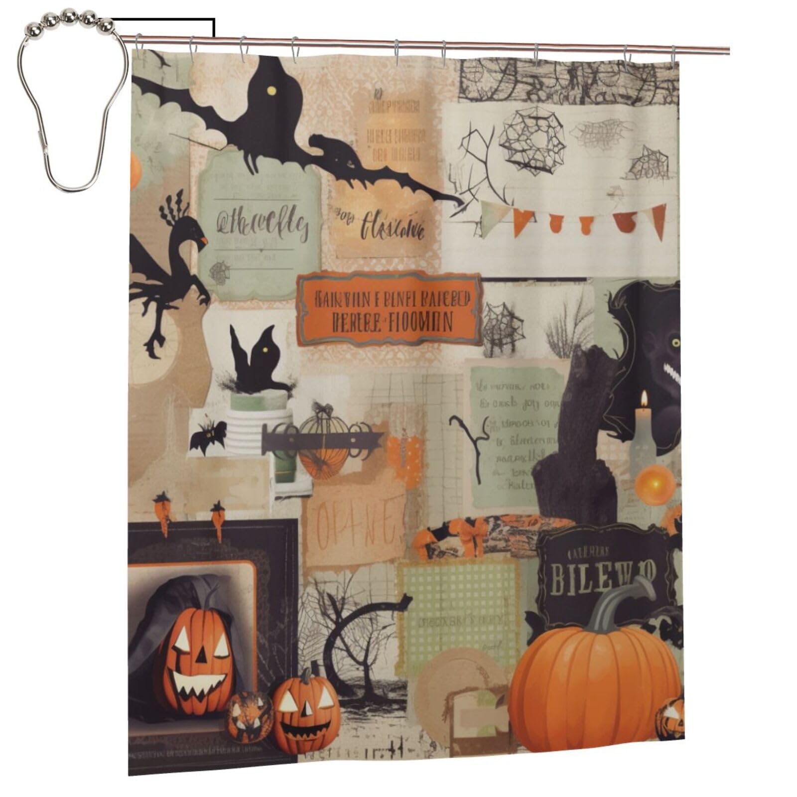 BWWHCCTI Halloween Scrapbook Printed Shower Curtain With 12 Iron Hooks Opaque Quick Drying Waterproof Shower Curtains Sets For Bathroom 152x183 Cm