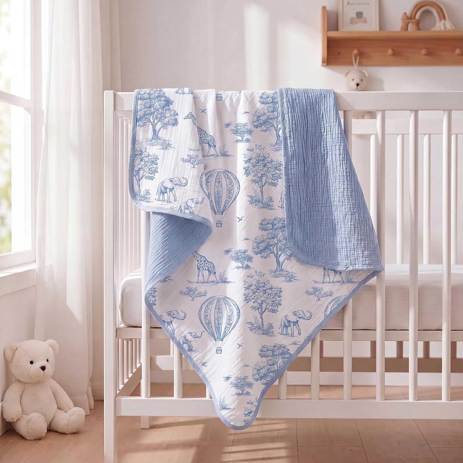 Breling Blue Safari Muslin Baby Blankets for Girls Boys, 100% Cotton Crib Blanket for Infant Toddler, 40 x 36 Inch Soft and Lightweight Nursery Swaddling Wrap