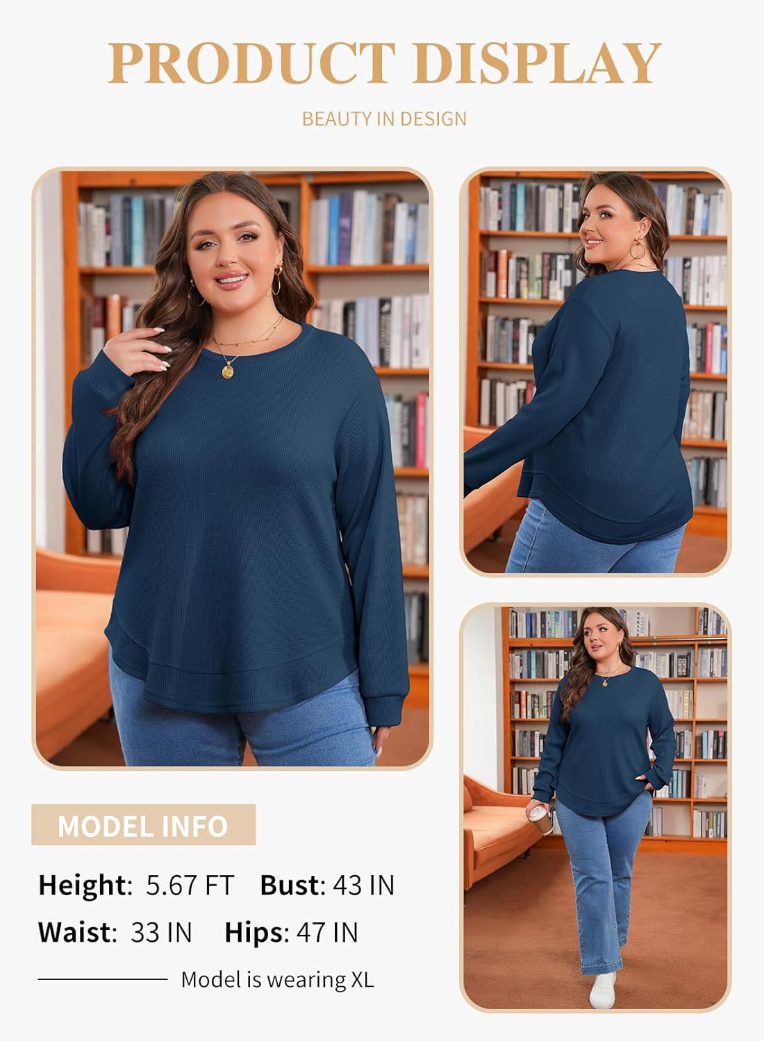 Eytino Womens Plus Size Tops Crewneck Long Sleeve Double Hem Waffle Knit Shirts Loose Casual Tunic Tops(1X-5X) - Image 3