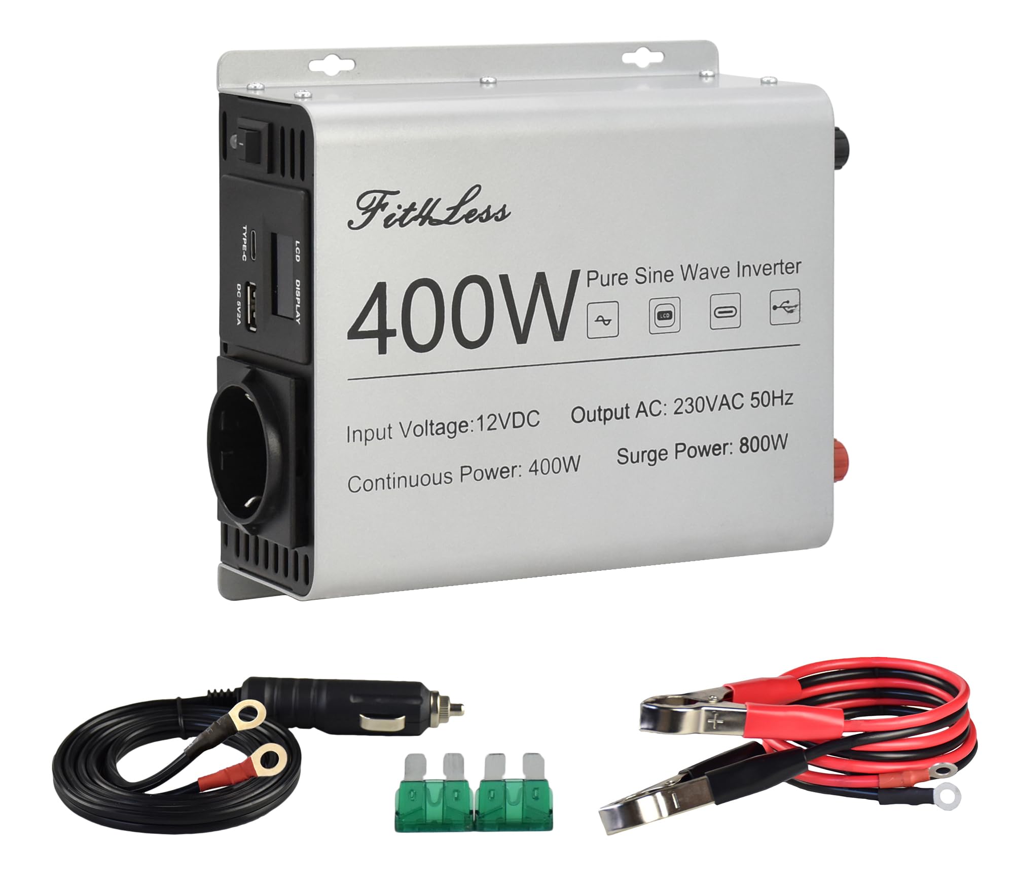 Reiner Sinus-Wechselrichter DC 12 V Eingang und AC 230 V Ausgang mit LCD-Display, USB-Ausgangsanschluss, Typ-C-Ausgang (400 W)