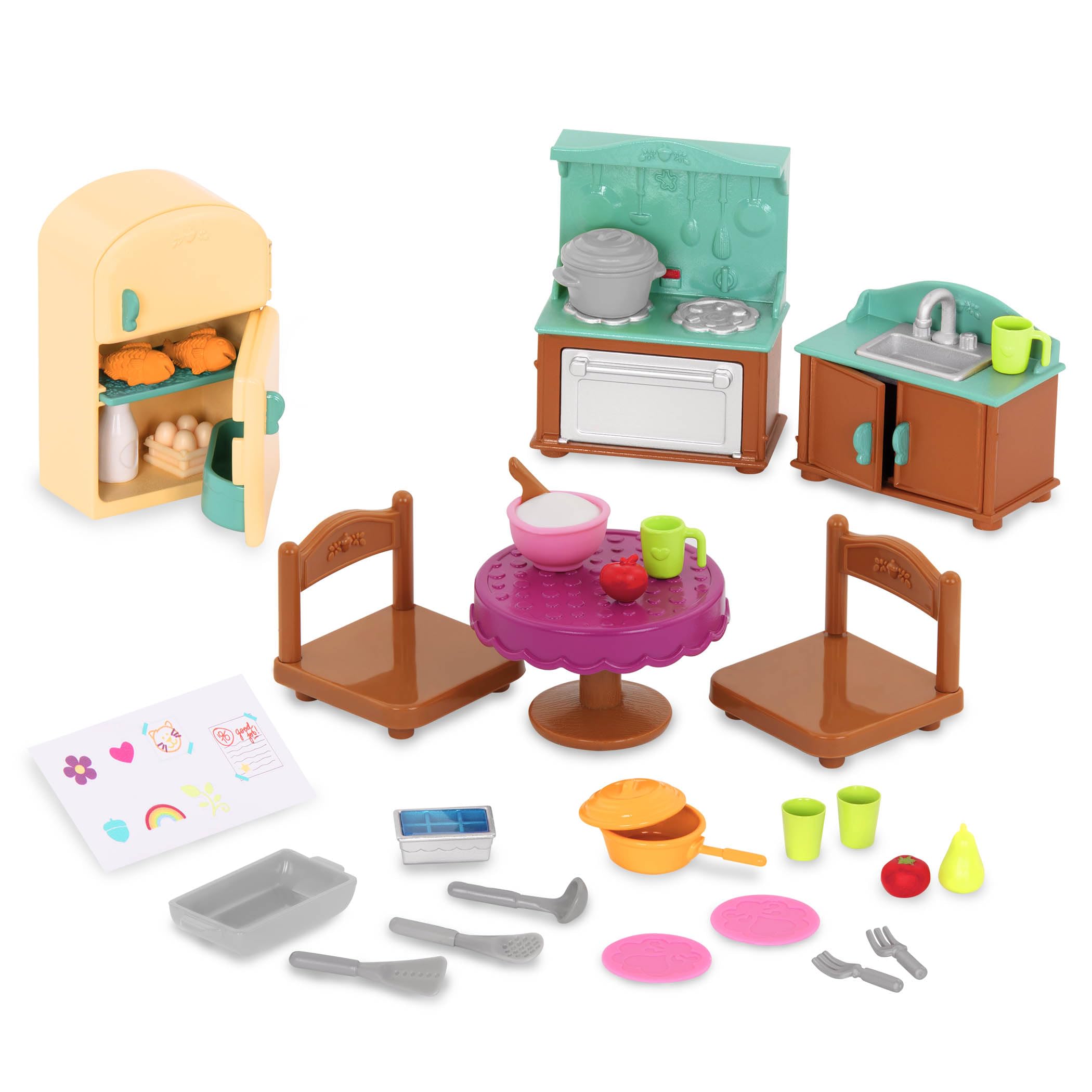 Li'l Woodzeez – Country Kitchen Set – 30 Pieces Miniature Dollhouse Furniture & Accessories – Pretend Play Food – Gift Toy for Imaginative 3+ Years