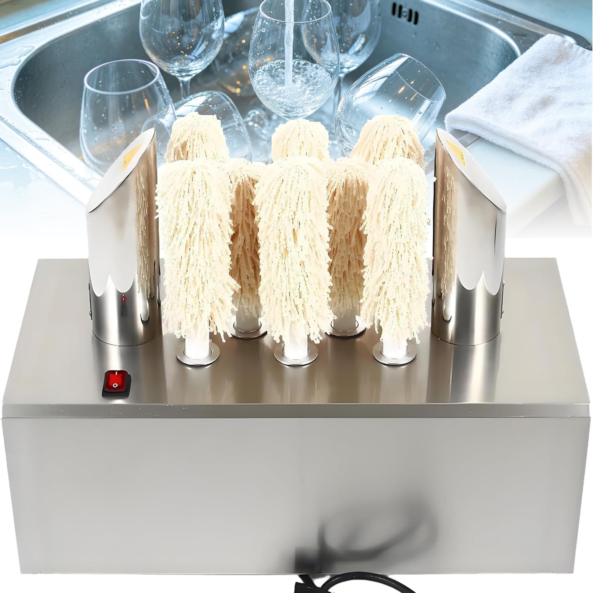 Machine à Polir Les Verres à Vin Électrique - 3/5/8 Têtes Microfibre, Séchage Air Chaud, 330 Verres/H, 1200W Usage Commercial pour Bars/Hôtels/Restaurants