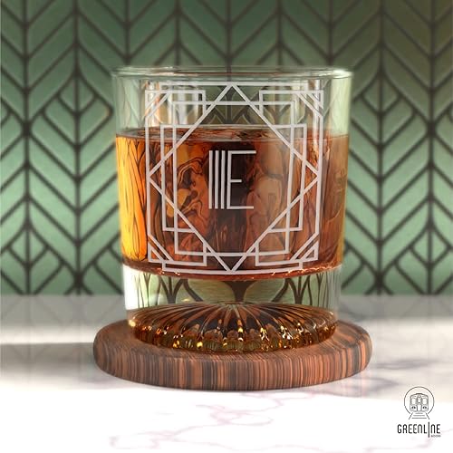 Miniatura 4 de Greenline Goods - Monograma Art Deco Letra E Grabada Copa de whisky Perfecto para Bourbon, Scotch, Licor, Cóctel - Juego de 4 vasos de whisky de