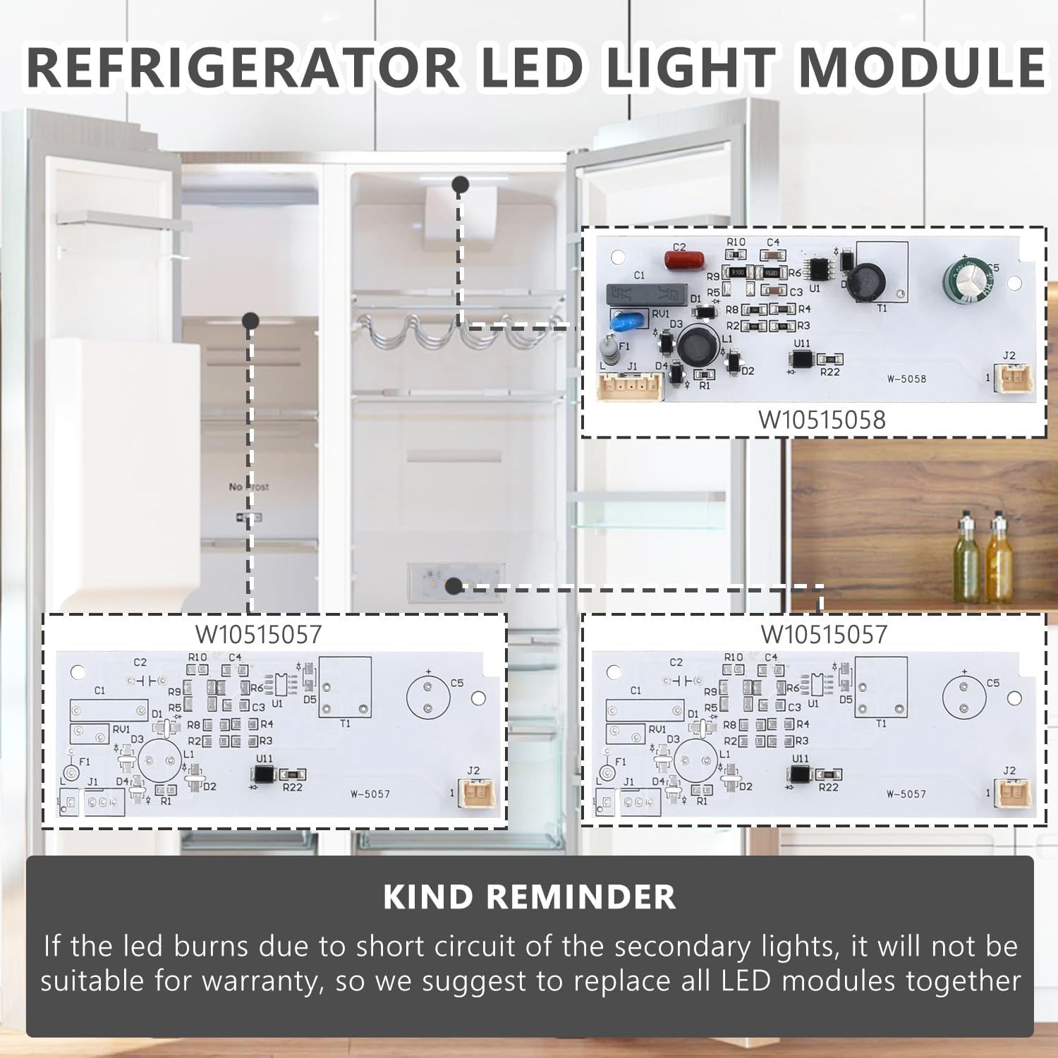 W10515058 1Pc & W10515057 2Pcs Refrigerator LED Light Control Board, Not Included Cover, Light Module Replacement Compatible With Whirlpool, Kenmore, Maytag