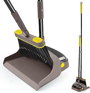 JEHONN Broom with Dustpan Combo Set Lightweight 54'' Long Handle Swivel Broom Indoor Patented Openable Dust Pan Tail for Kitchen Home Office (Brown Yellow)