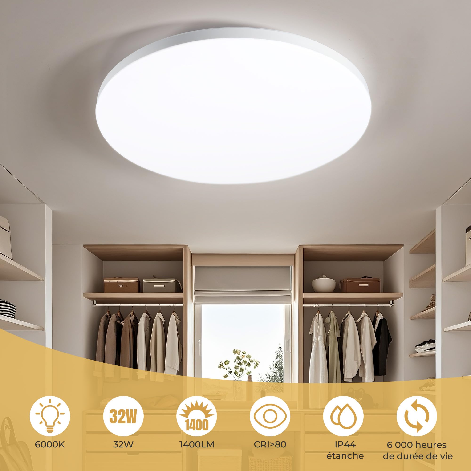 Plafonnier LED 32W Ø30cm IP44, Lumière Plafond Sans Scintillement 6000K, 1400LM Haute Efficacité Énergétique pour Salle de Bain, Cuisine, Salon - Design Ultra-Mince Moderne (Neutre)