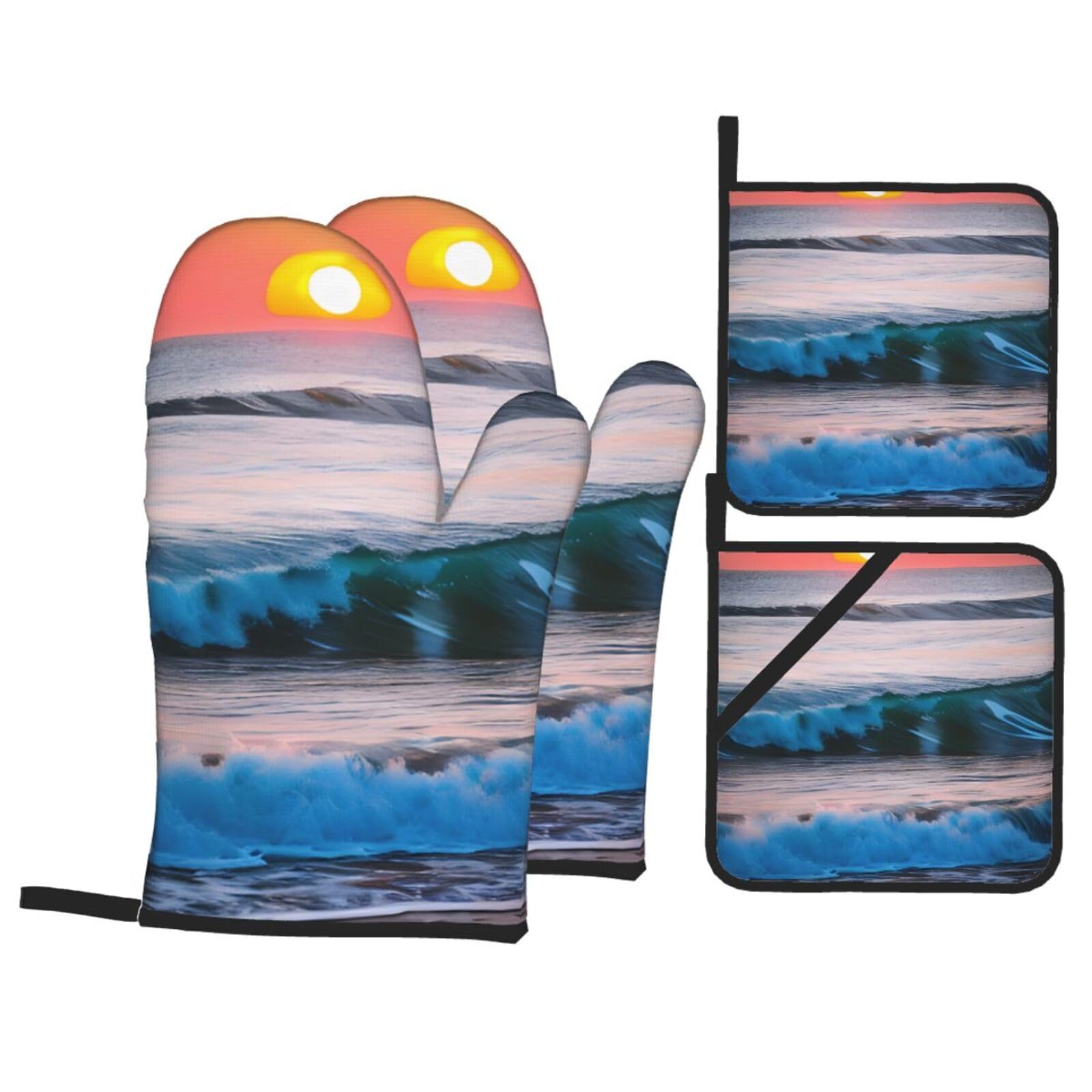 Sunset and Sunrise with Ocean Sea Waves Print 4-Piece Heat-Resistant Oven Waterproof Kitchen Gloves Cooking Roasting Essential