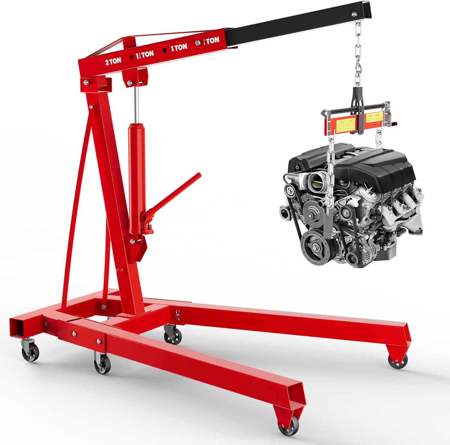 Engine Hoist Cherry Picker, Engine Crane Shop Crane, 2 Ton Hydraulic Engine Lift Hoist Lift w/Load Leveler, Folding Telescopic Boom, 6 Casters for Garage Workshop Farm Equipment Repair