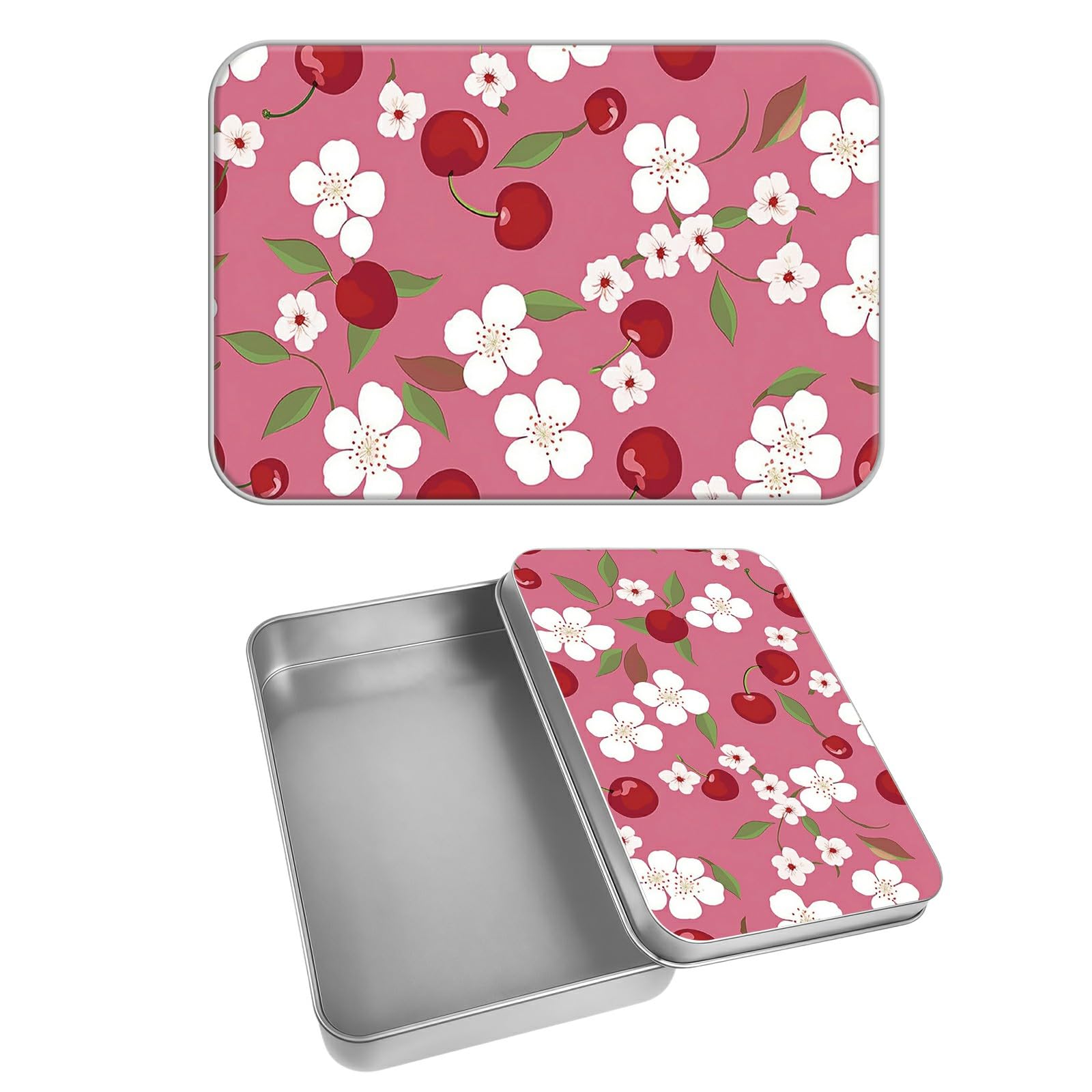 Rectangular Metal Tin Box with Removable Lid, Cherries Decorative Printed Metal Storage Container for Cash Ticket Credit Card Check 3.46 x 2.36 x 0.7 inch– Single Pack