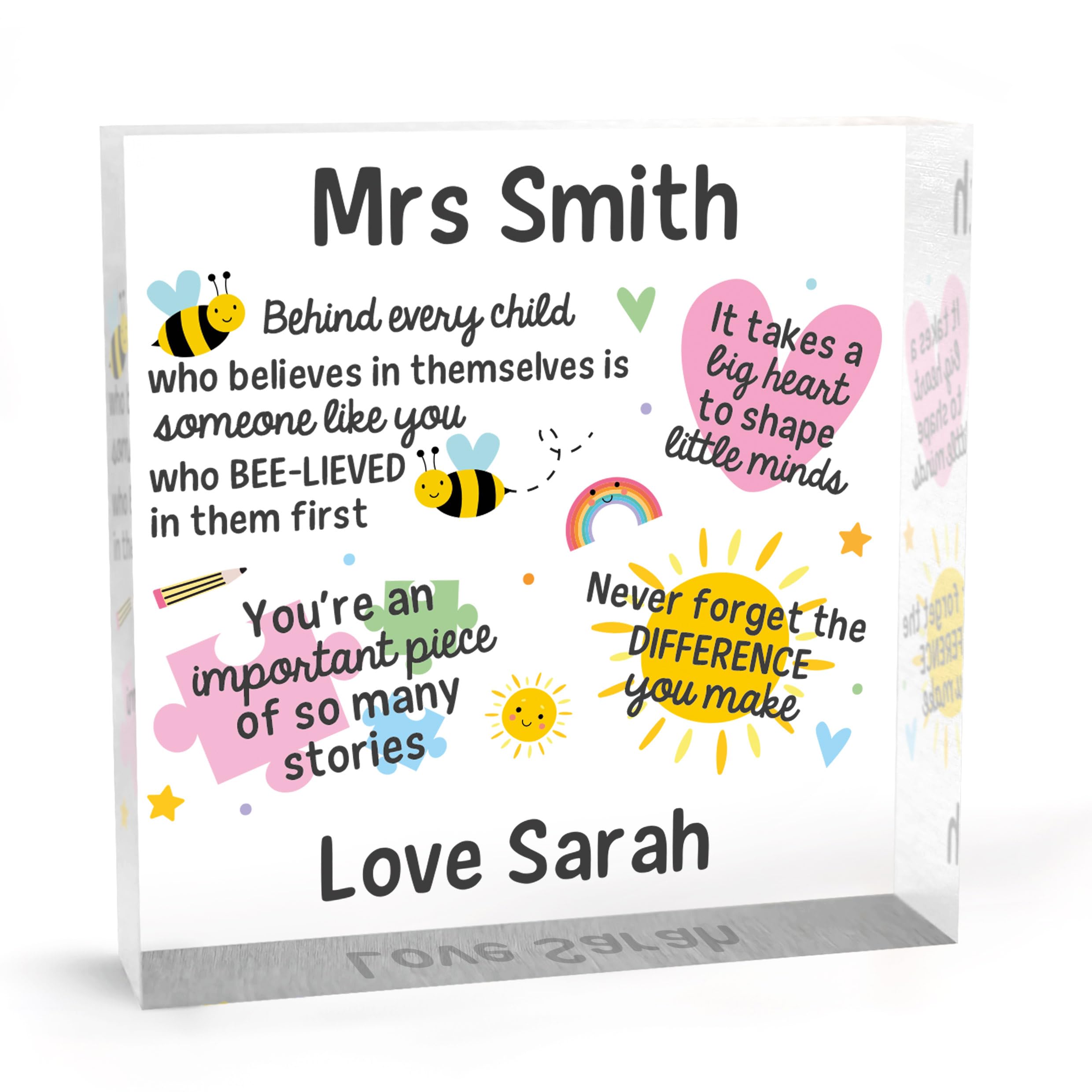 Beecreative Personalised SEN Teacher Gifts - Square Acrylic Plaque - Autism Teacher Thank You Present - With Gift Bag