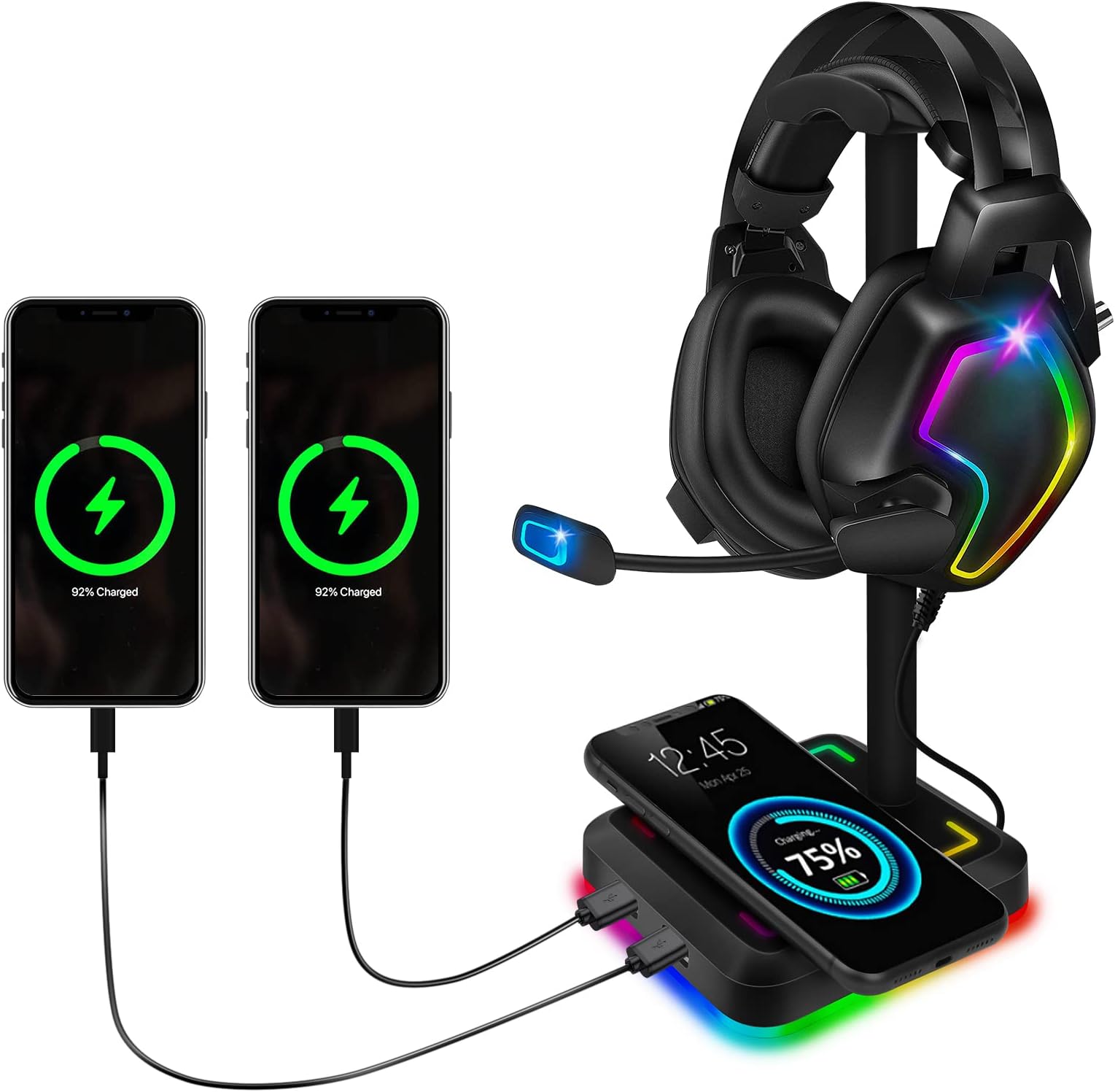 Headphone Stand with Wireless Charger Gaming Headset Holder 2 IN 1 Wireless Charging Pad & 2 USB Charger Ports for Desktop PC Game Accessories
