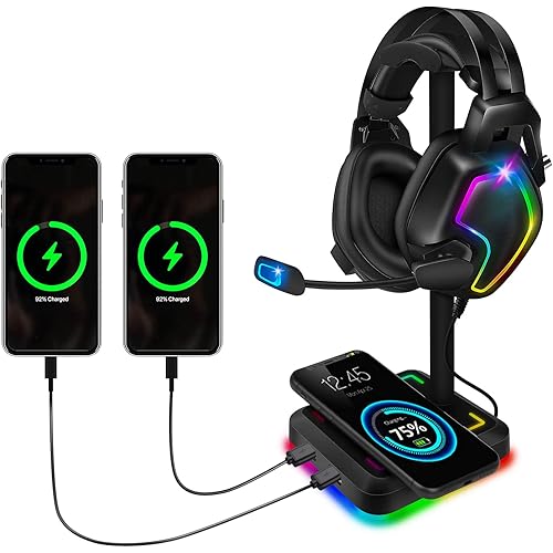 Headphone Stand with Wireless Charger Gaming Headset Holder 2 IN 1 Wireless Charging Pad & 2 USB Charger Ports for Desktop PC Game Accessories