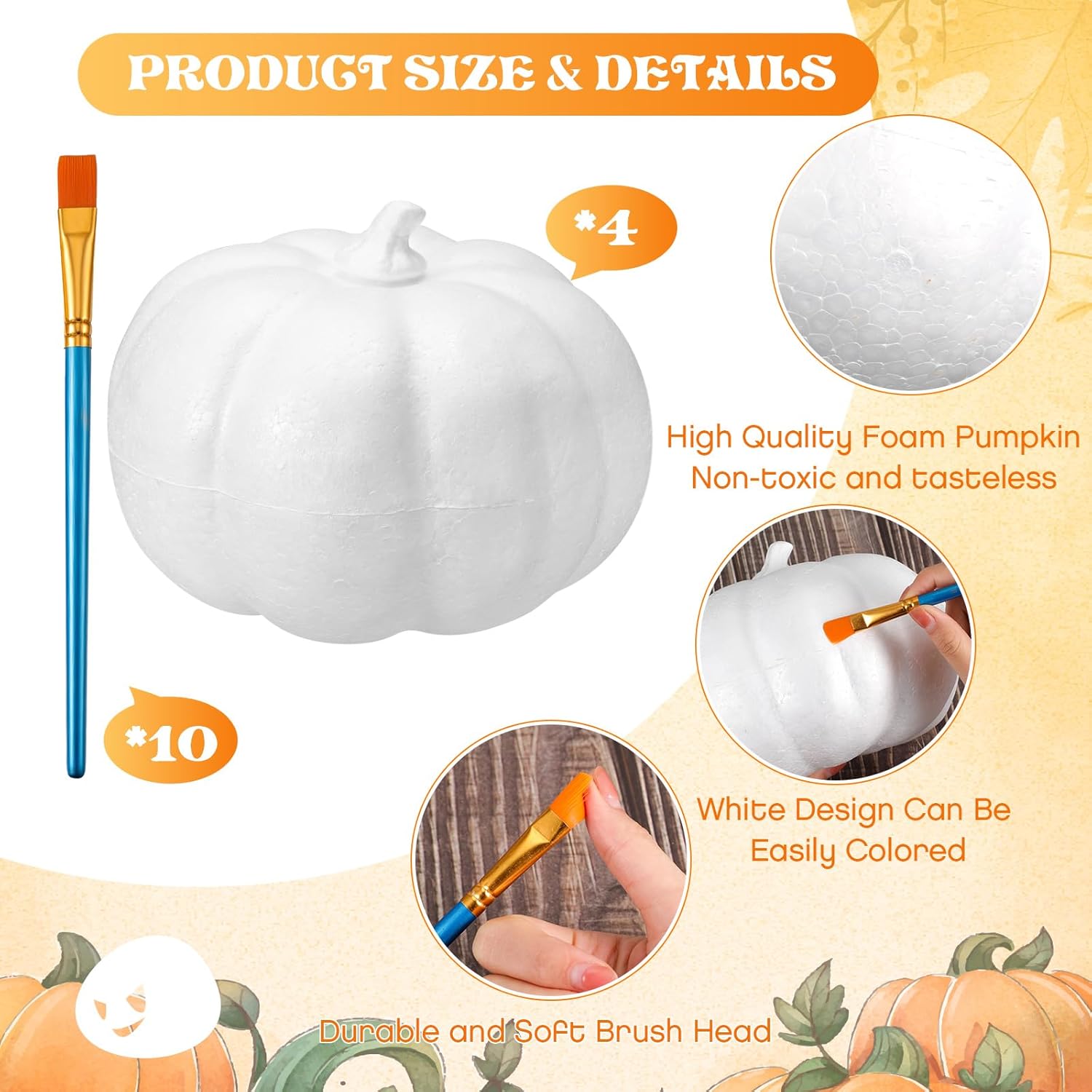 Thyle 4 Pieces 8 Inch White Foam Pumpkins Artificial DIY Fake Pumpkins with 10 Acrylic Paint Brushes Halloween Autumn Fall Harvest Thanksgiving Decoration Ornament
