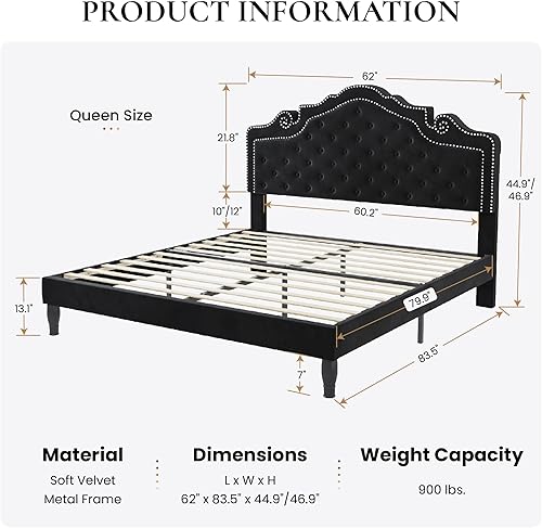 Miniatura 2 de SHA CERLIN Base de cama Queen con cabecera ajustable, tapizado de terciopelo, botón de diamante y tachuelas de metal, no necesita somier, soporte de