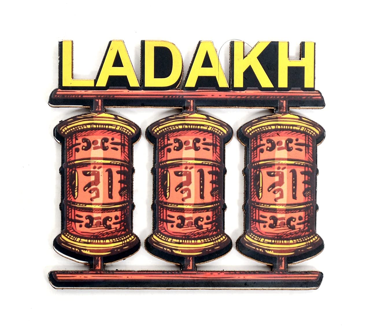 Skywalk Leh Ladakh Souvenir Wooden Prayer Wheel Fridge Magnet (Multi Colour)