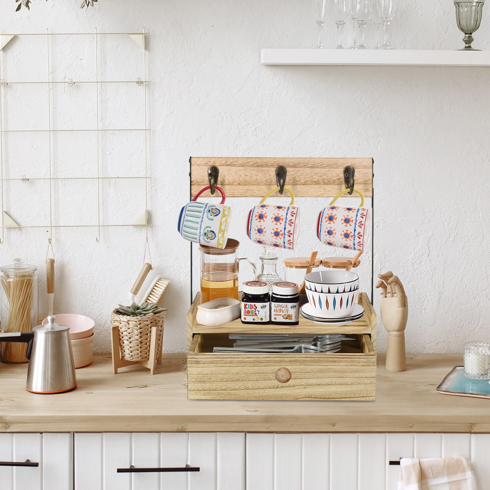 Kaffeestation Aus Holz – Rustikaler Organizer Mit 5 Fächern, Braun Für Küche, Café Oder Bauernhaus-Deko