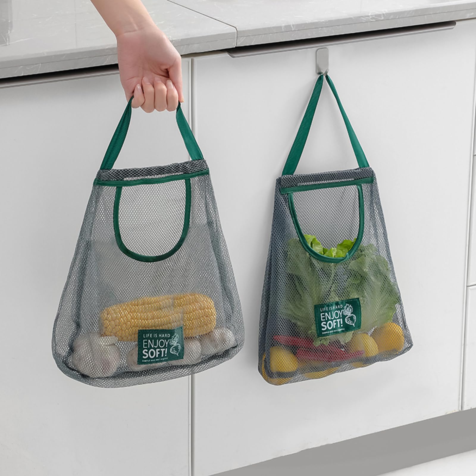 Minicoco Hanging Net String Shopping Bags 3Pcs Reusable Produce Bags Vegetables Fruits Commodities Outgoing Travel Tote String Bag Portable Grocery Mesh Bags(Green ) - Image 3