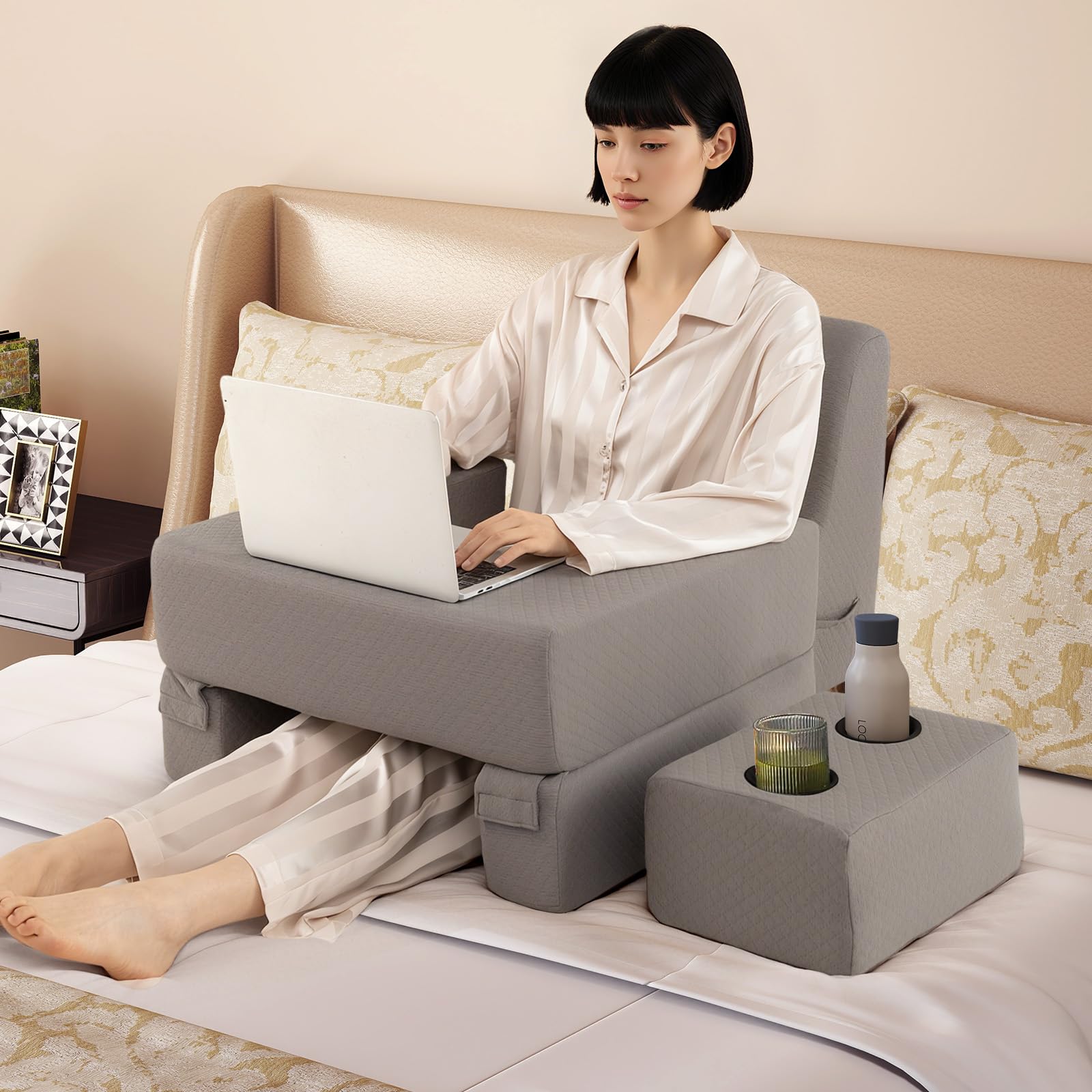 LIFEZEAL Cojin de Lectura con Posavasos Cojín de Espalda y Bolsillo de Almacenamiento, Almohadas de Lectura Escritorio Ergonómica con Reposabrazos, Respaldo Cama para Leer, Trabajar, Hacer Ganchillo