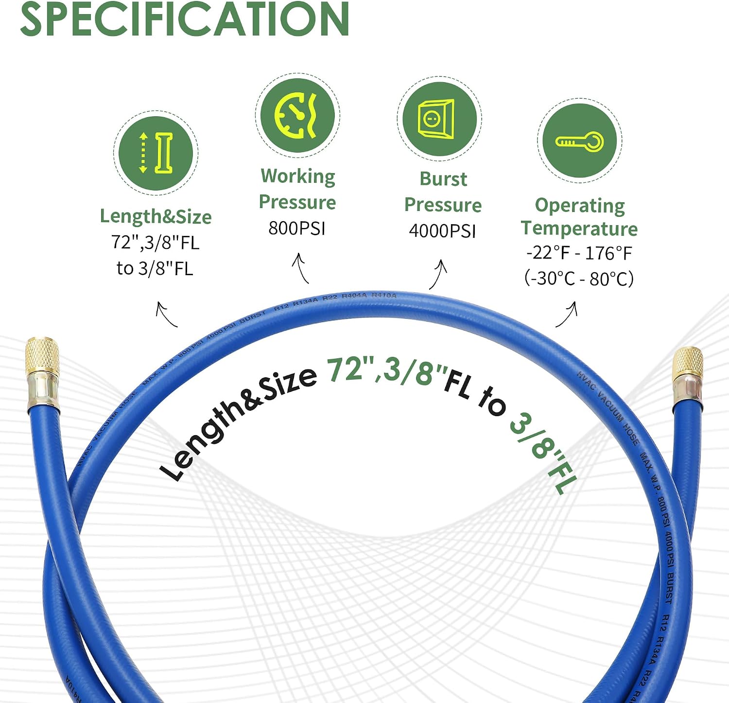 New 3/8" HVAC Vacuum Hose, Blue (Low Side) Refrigerant Charging Hose, Standard 3/8"×3/8" Flare Fittings, 6 FT, Low Resistance and High Flow Rate, Faster HVAC Evacuation and Recovery, 20 Microns Vacuum