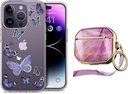 GVIEWIN Paquete Funda compatible con iPhone 14 Pro Max mariposa brillanteazul funda de mármol AirPods 3 morado romántico paquete de 2 artículos
