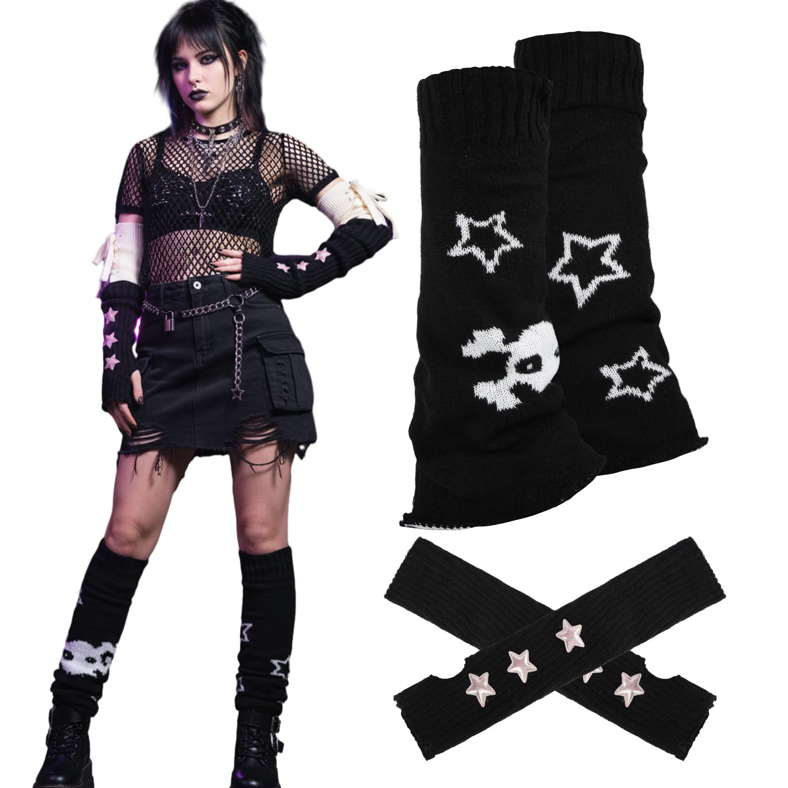 Star Arm Warmers Print Two Side Wear Leg Warmers Set Y2k Girls Japanese Kawaii Harajuku Accessory