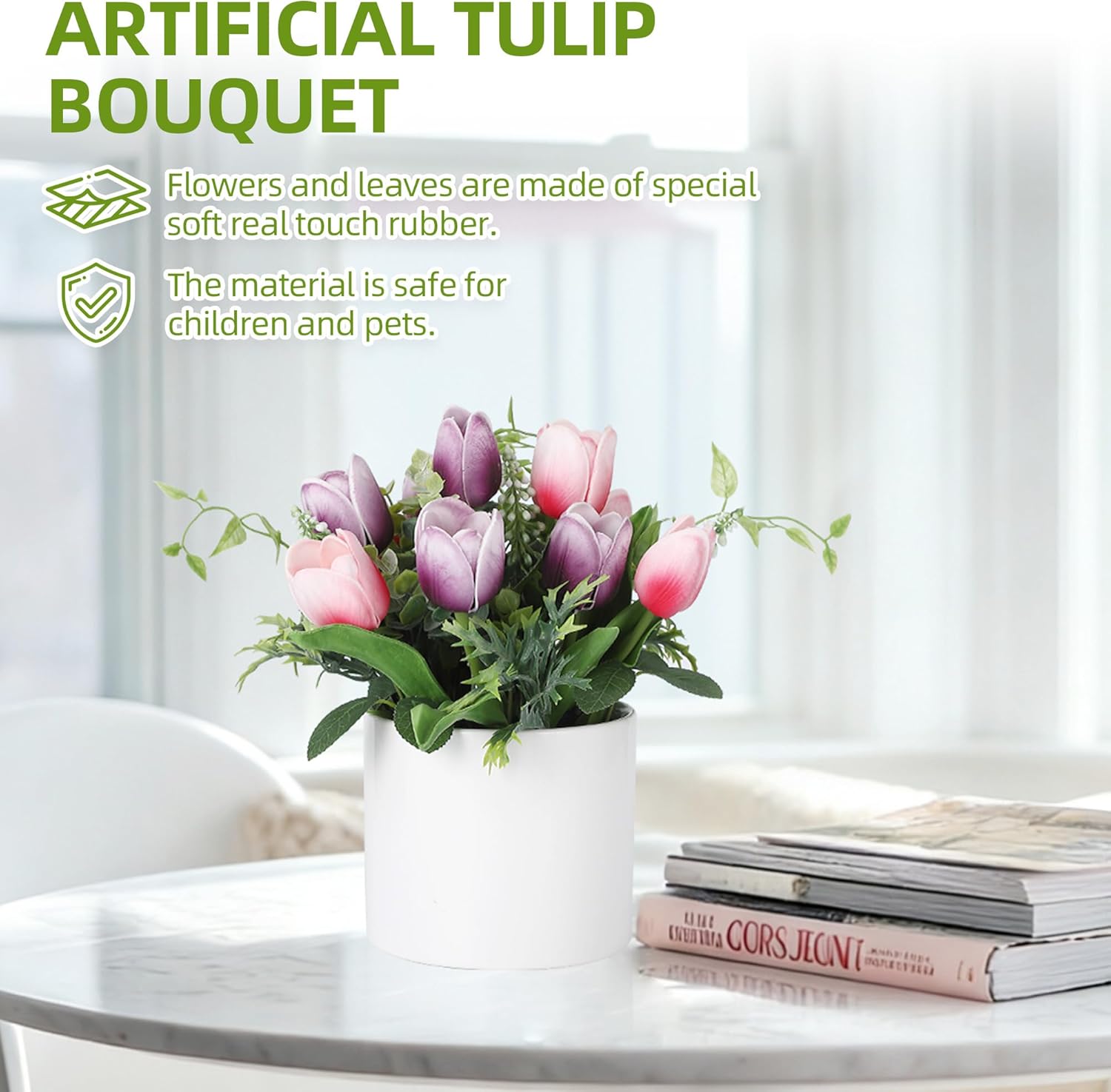 GarveeLife 10 Pcs Artificial Tulips Flowers, Real Touch Faux Tulip Stems for Vase, Home Kitchen Wedding Dining Table Decorations, Ideal Gift for Mother's Day, Easter, Valentine's Day (Purple & Pink)