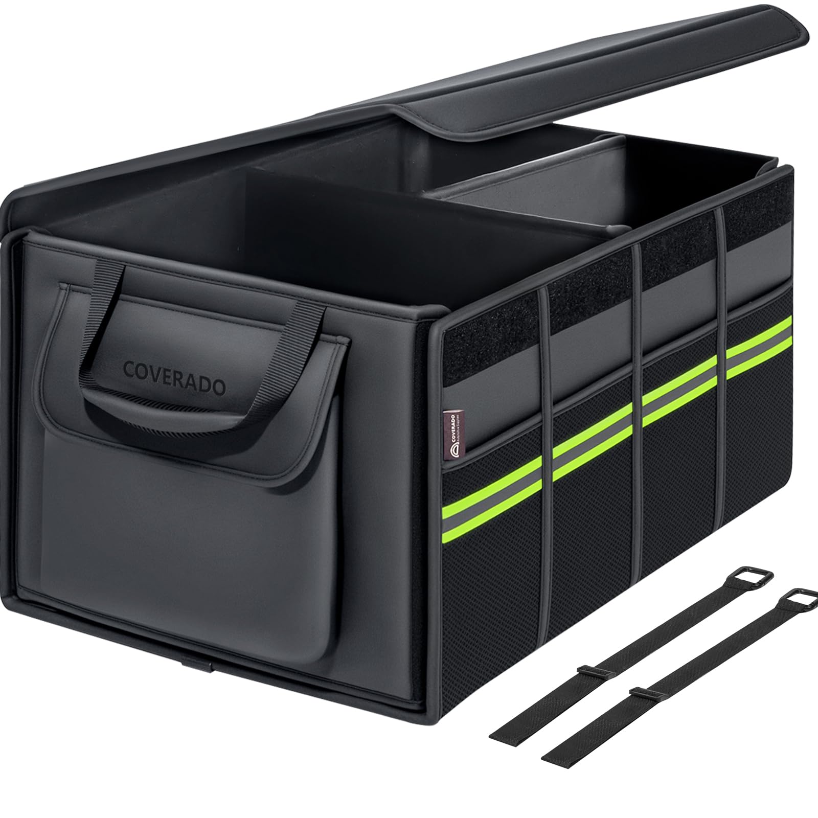 Coverado Organizador de Maletero Coche y SUV, Impermeable Bolsas para maletero de cuero napa, 70 L Plegable Caja maletero coche,Cubículo múltiple & Divisor, Fijar 2 correas
