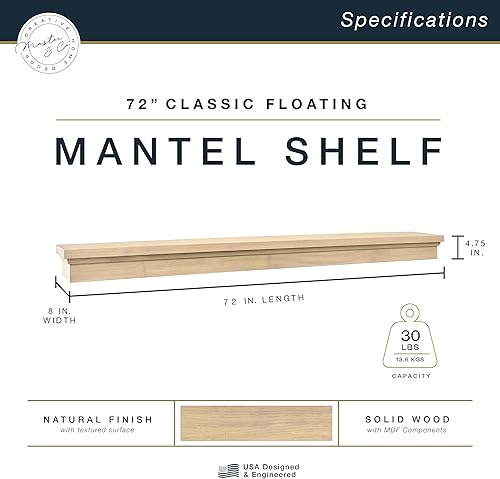 Miniatura 2 de MCS Master & Co - Mantel flotante de madera maciza con acabado de grano de madera natural, estante flotante largo para sala de estar con sistema de
