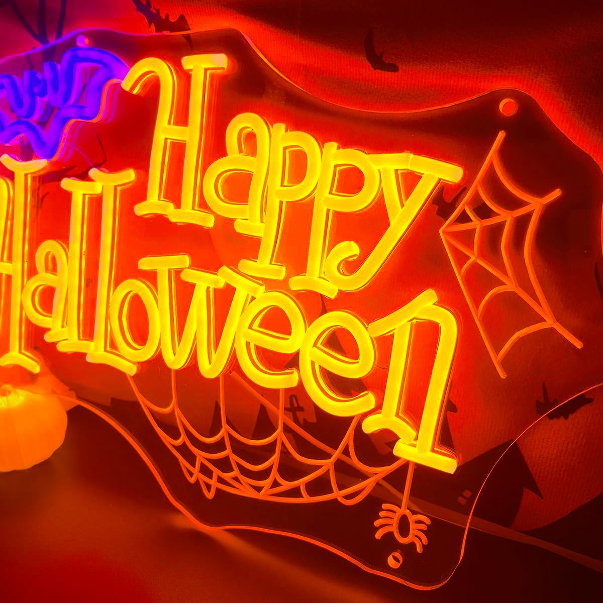 YYUAN Happy Halloween Neon Sign for Wall Decor USB Powered Led Light Sign Halloween Decoration Dimmable Spider Web Bat Light Up Sign for Party Home Bar Horror Room Haunted Mansion Decor