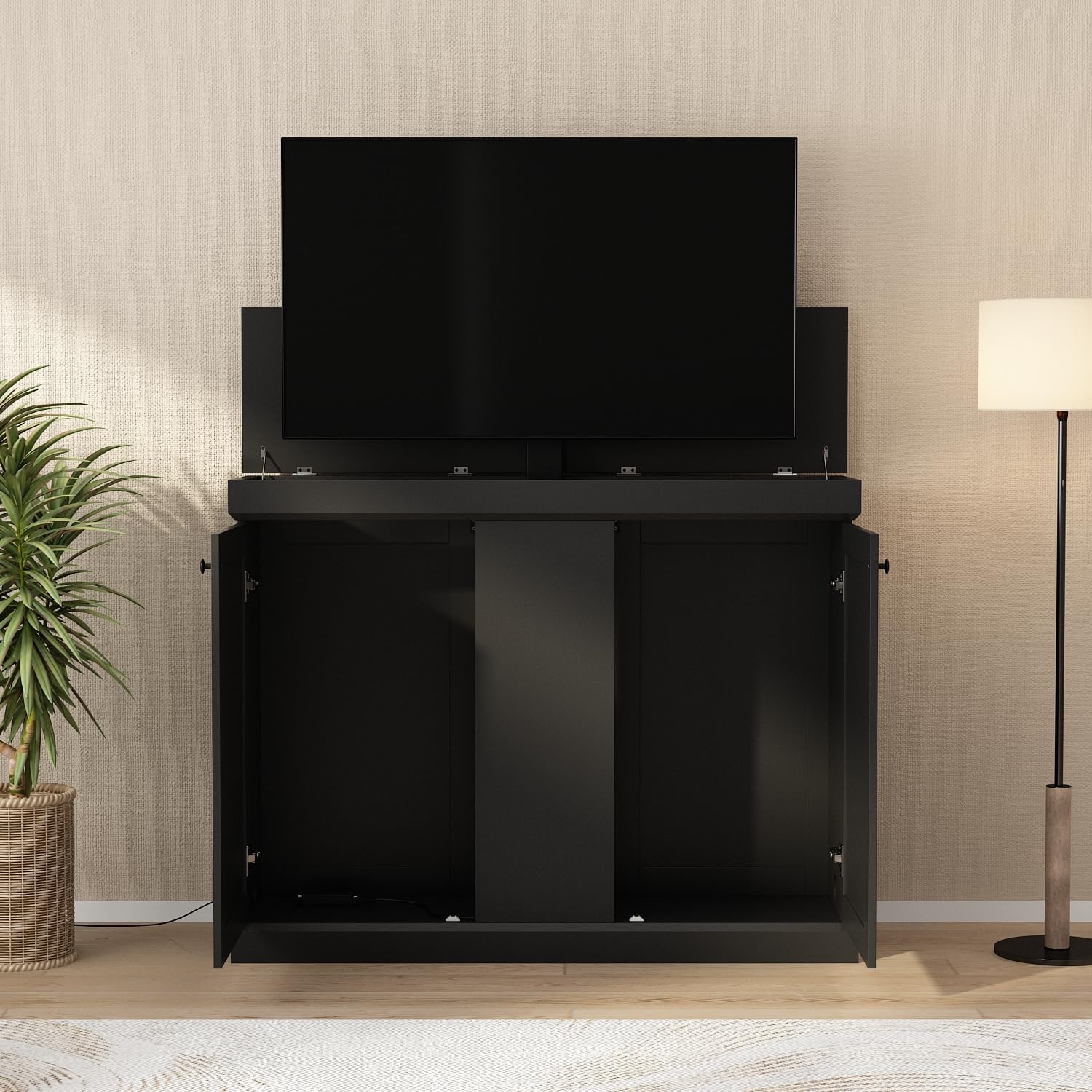 ECACAD TV Stand Cabinet with Motor Rising & Lowering Mount, Modern Entertainment Center with Storage for TVs up to 50 Inch, Lift Media Console Table for Living Room, Black