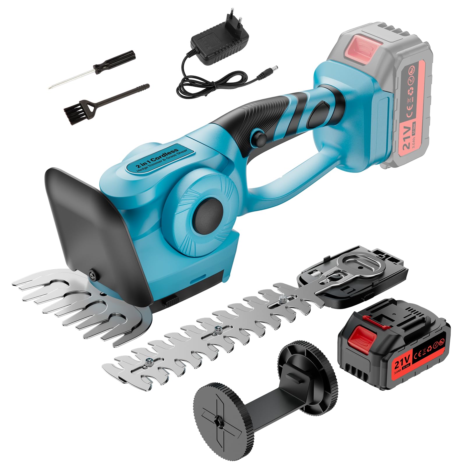 Tagliasiepi a batteria 2 in 1 con batteria da 3,0 Ah e caricabatterie, base a rullo, lame da 22 cm e 13 cm, compatibile con tutte le comuni batterie al litio da 18 V